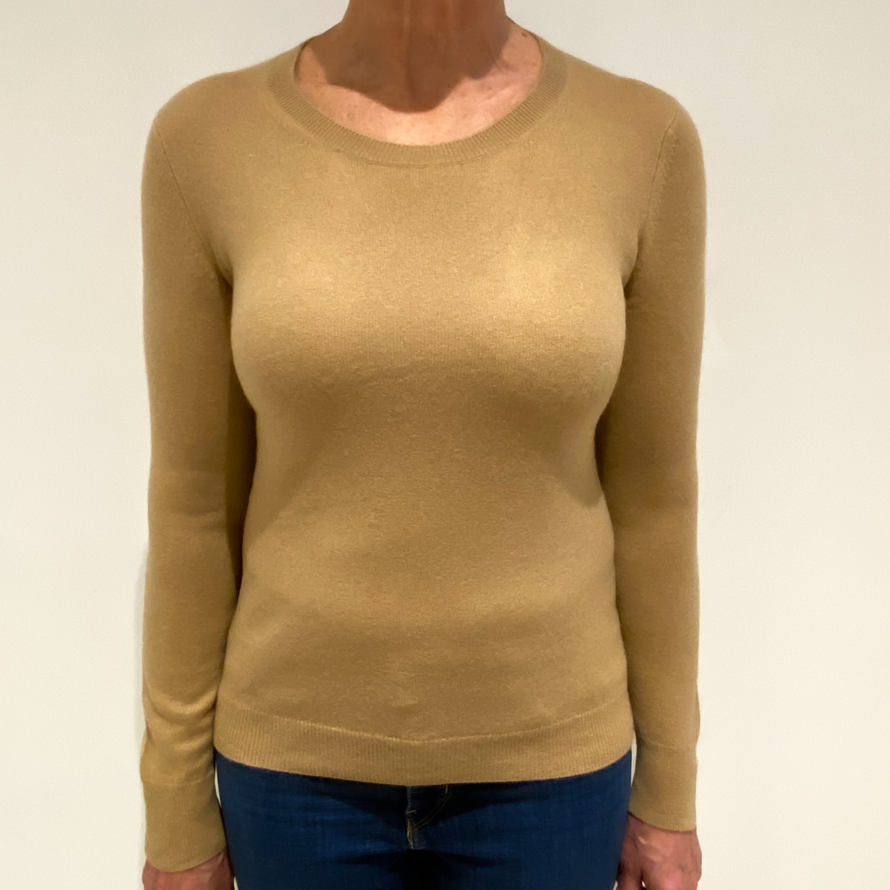 Camel Brown Cashmere Crew Neck Jumper Medium