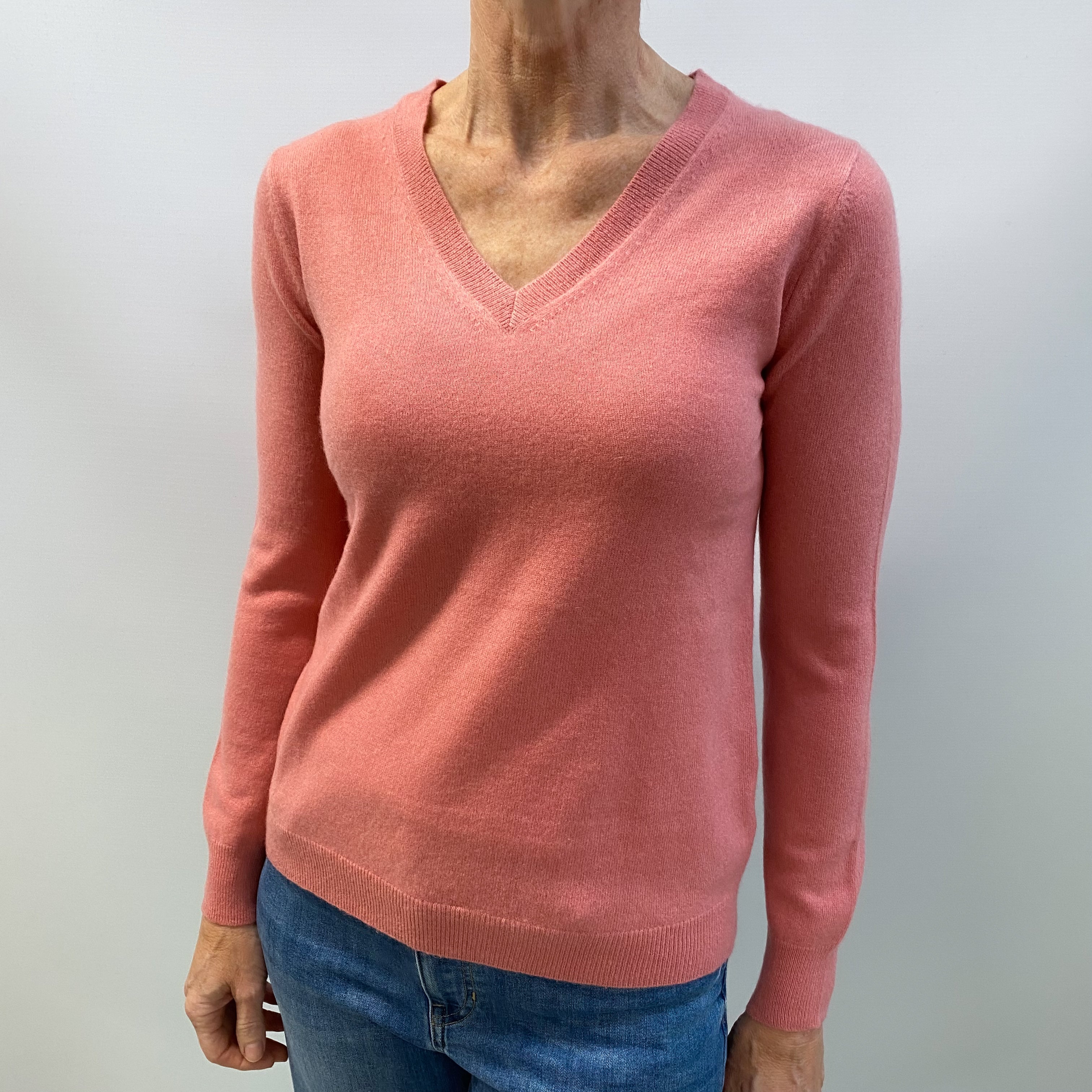 Peachy Pink Cashmere V Neck Jumper Small
