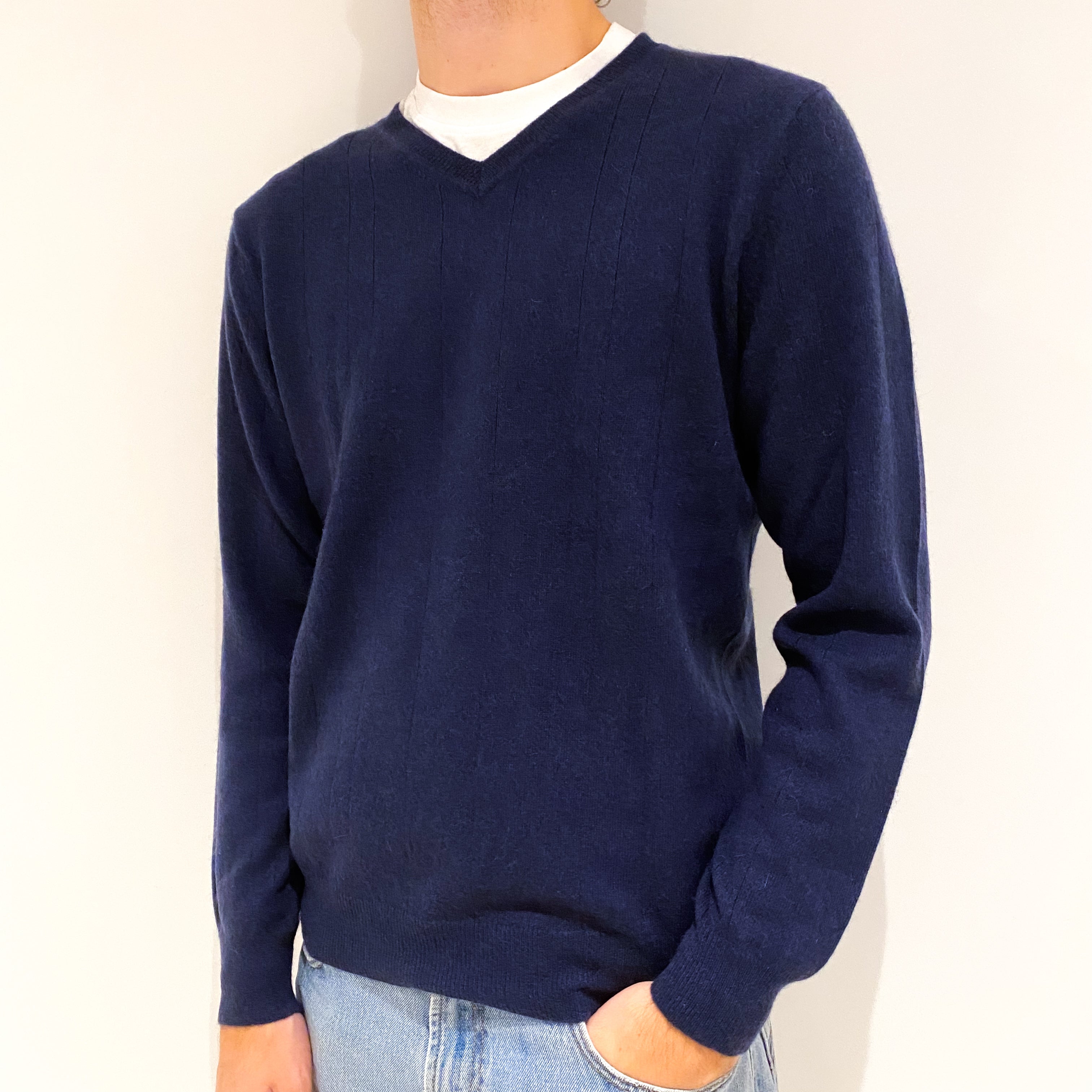 Men's Navy Blue Striped Patterned Knit Cashmere V-Neck Jumper Large
