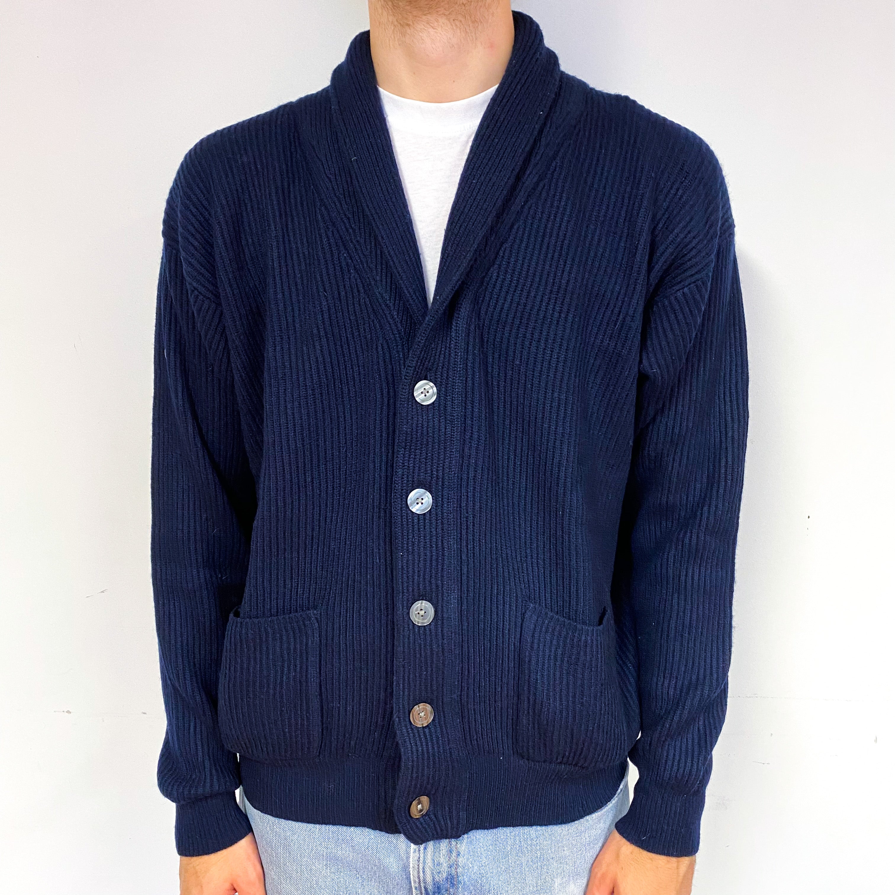 Men's Chunky Navy Blue Cashmere V-Neck Cardigan with Pockets Large