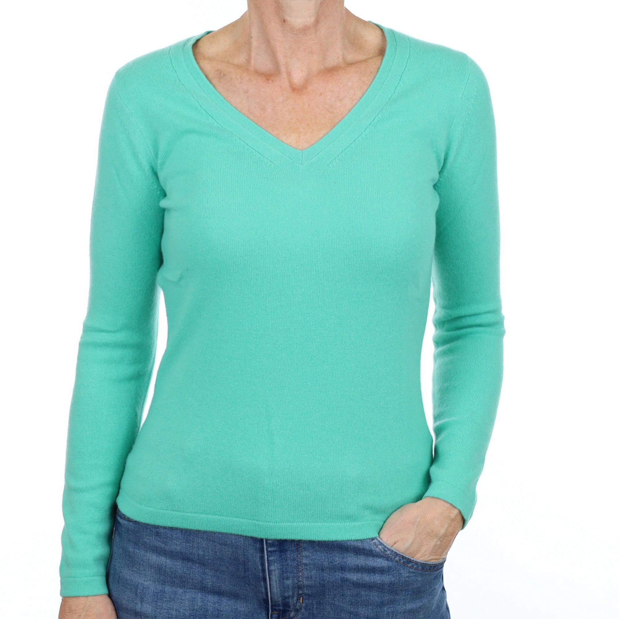 New Deep Mint Green Cashmere V Neck Jumper Small