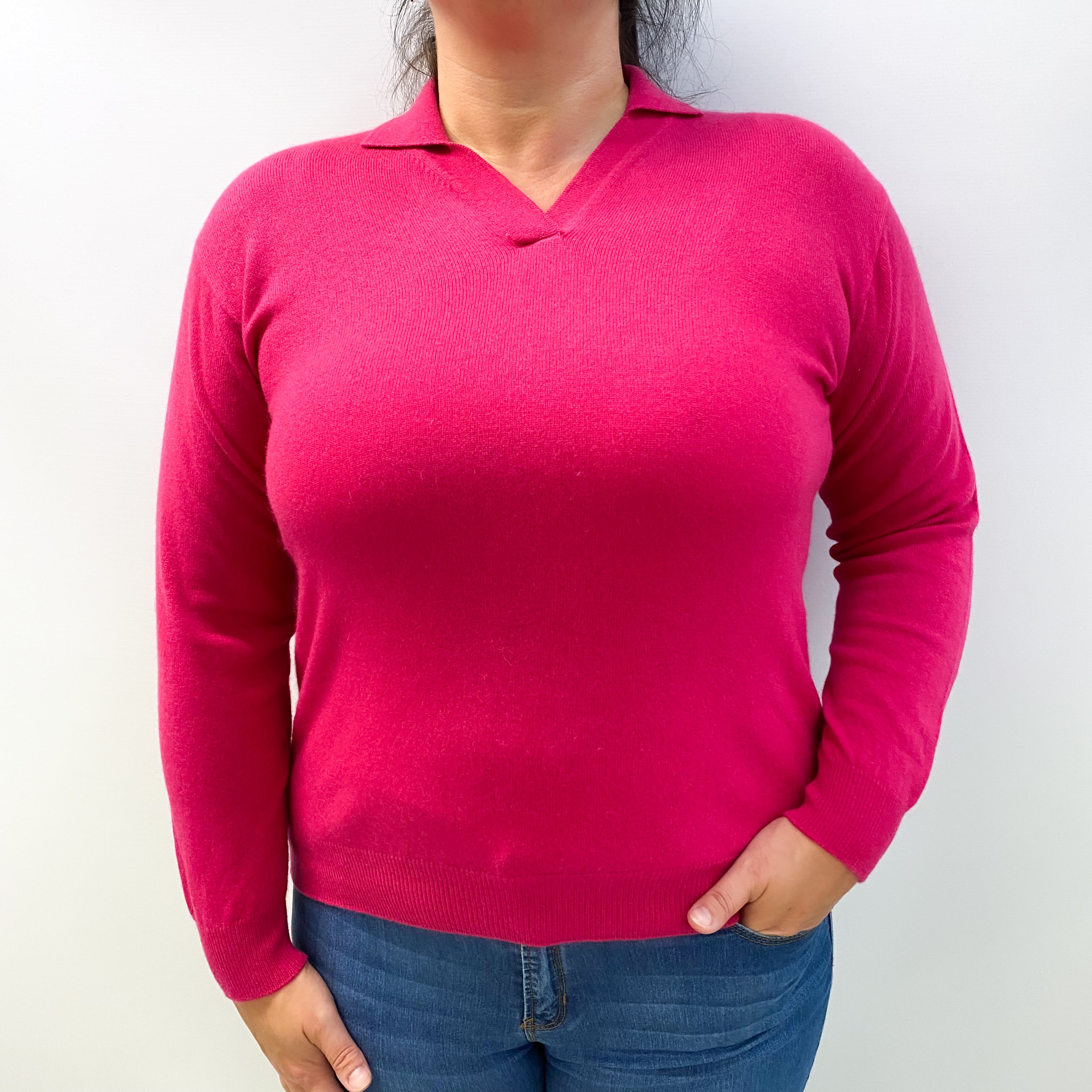 Hot Pink Cashmere Collared V Neck Jumper Large