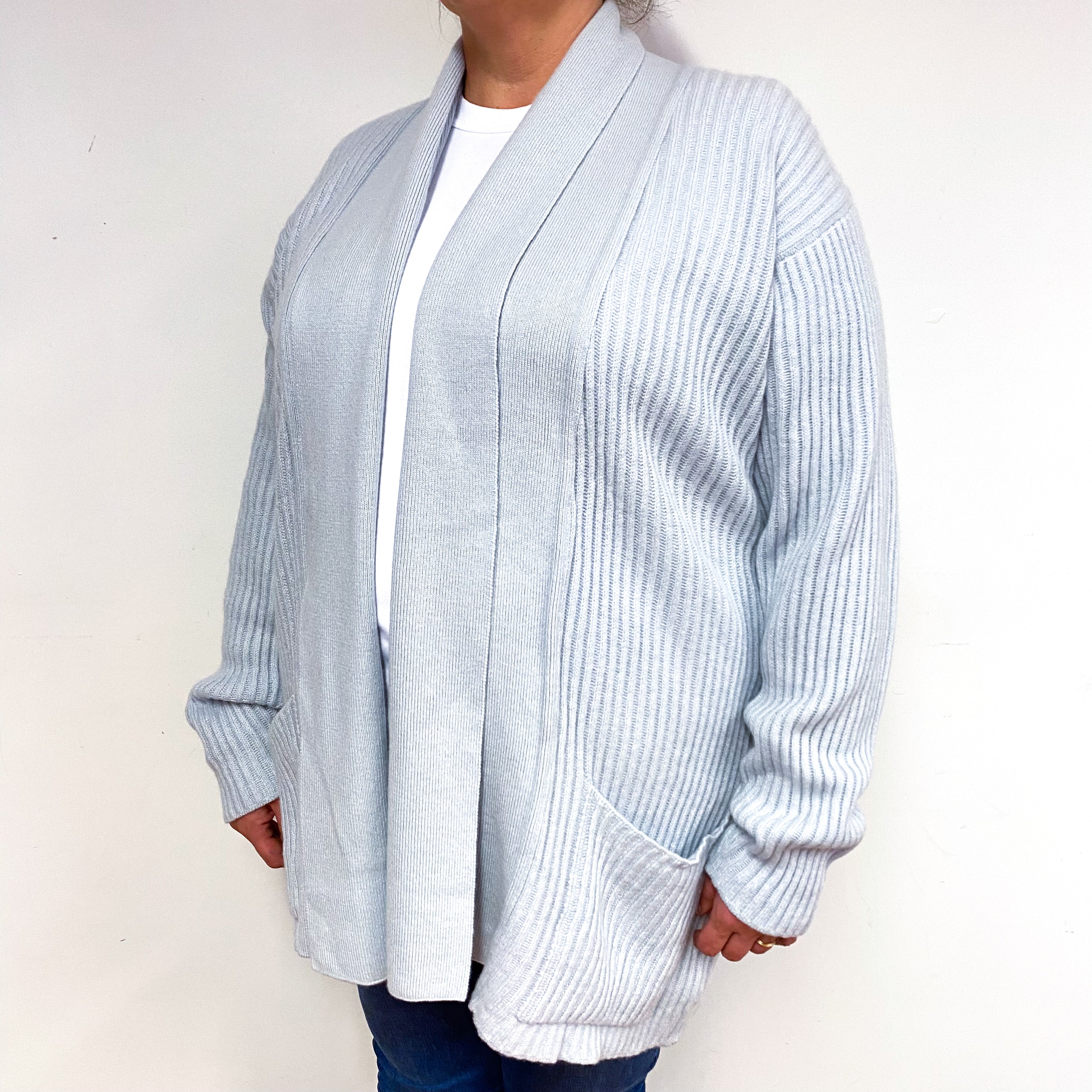 Scottish Ice Blue Ribbed Cashmere Edge to Edge Cardigan Extra Large
