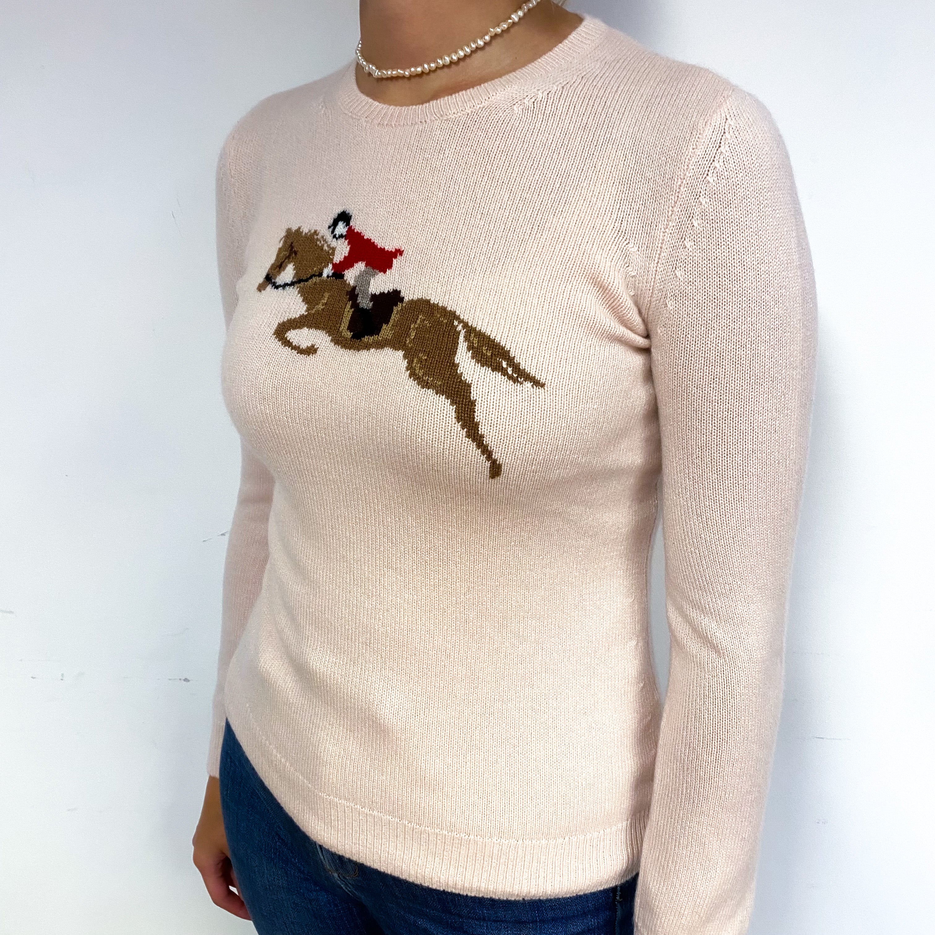 Soft Pink Jockey Motif Cashmere Crew Neck Jumper Small