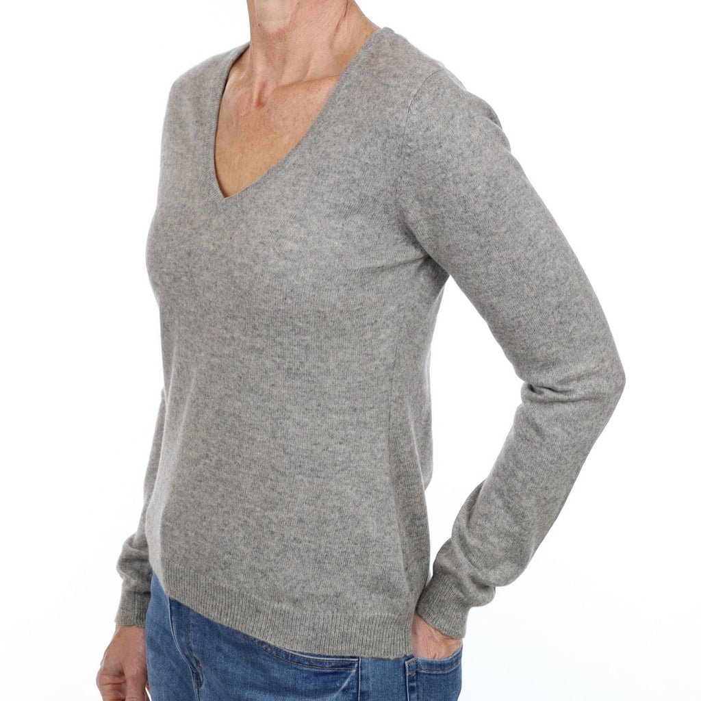 Smoke Grey Cashmere V Neck Jumper Small