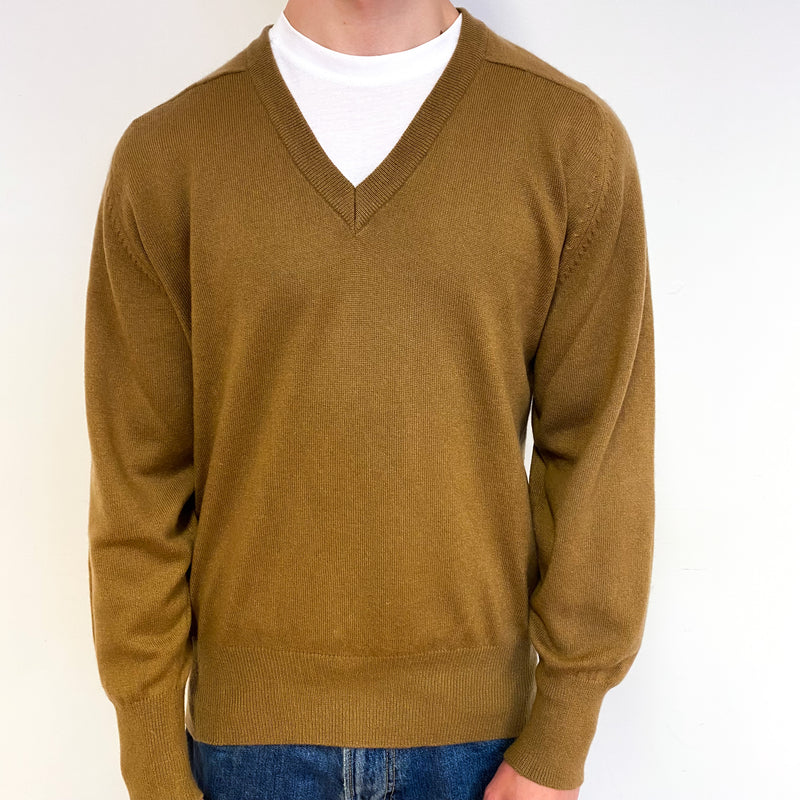Men's Camel Brown Cashmere V-Neck Jumper Small