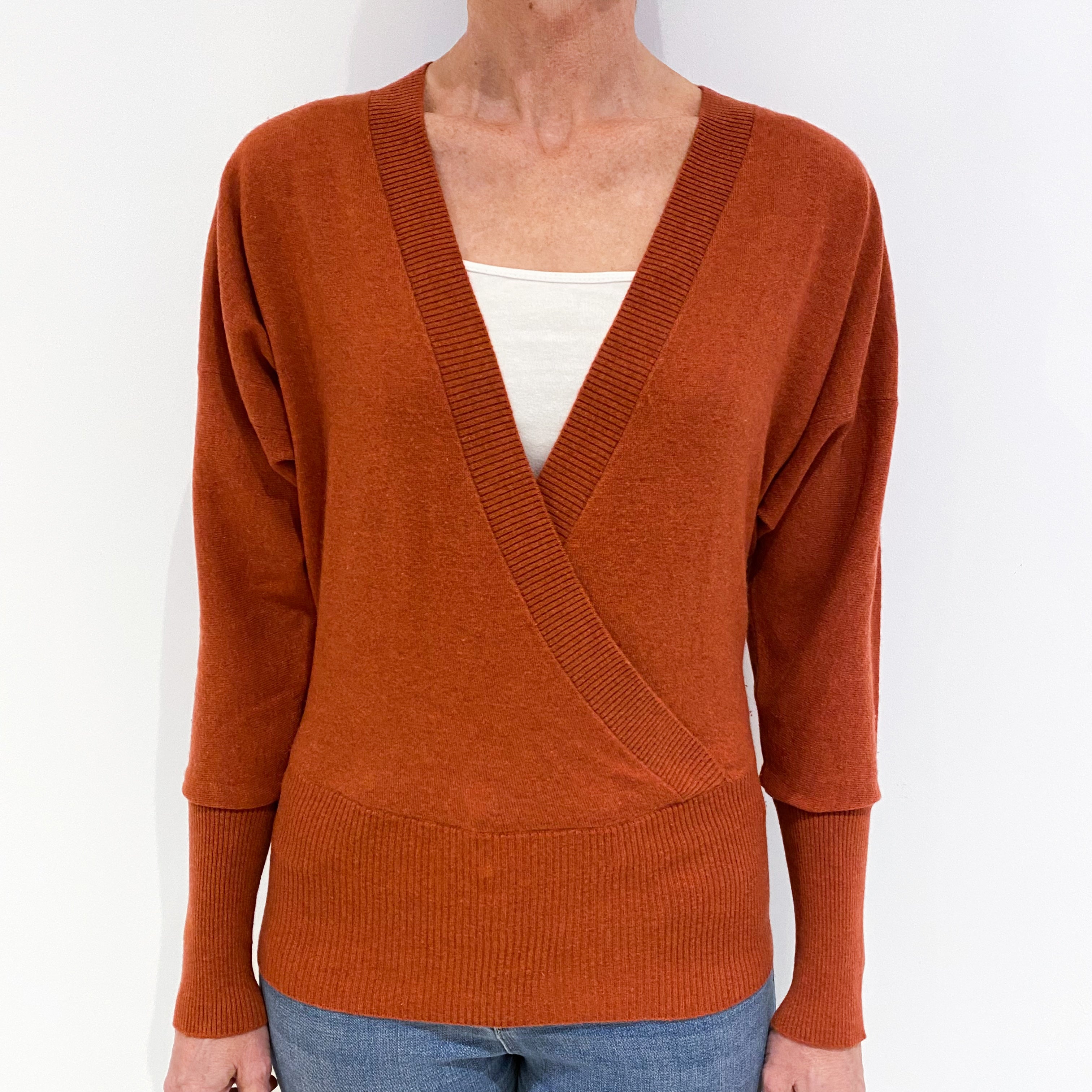 Paprika Orange Batwing Cashmere Cross-Over Jumper Small