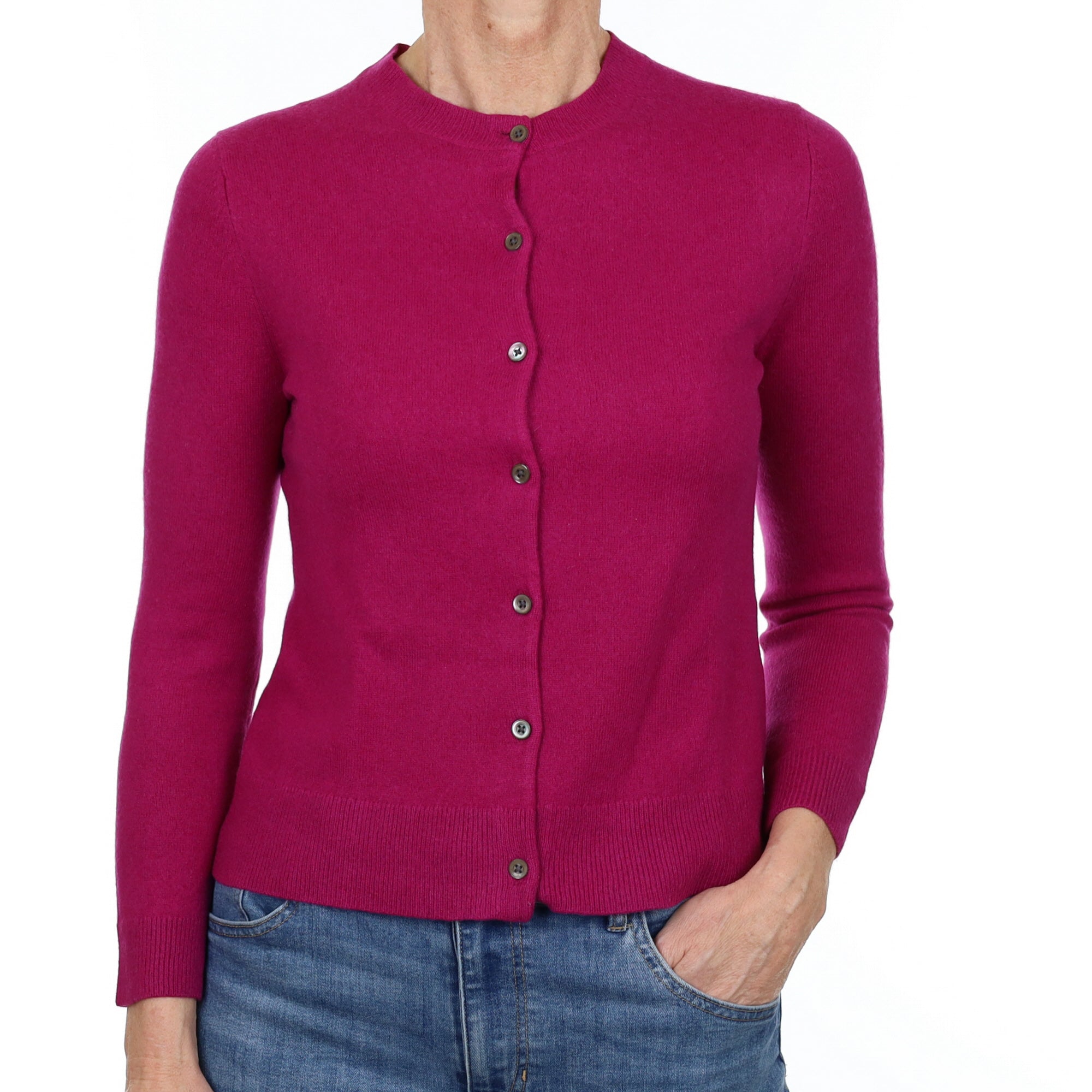 Deep Magenta Pink Cashmere Crew Neck Cardigan Small