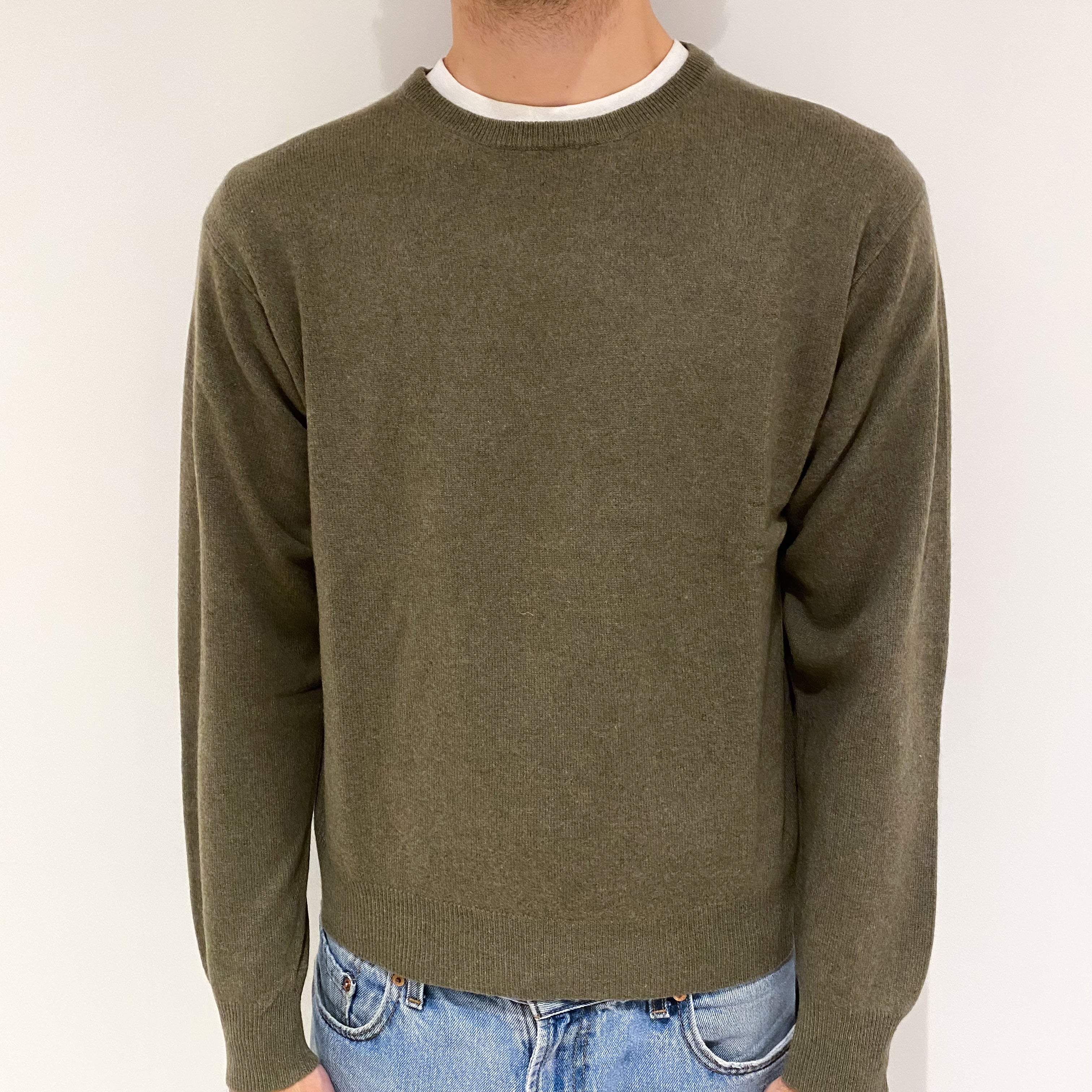 Men's Olive Green Cashmere Crew Neck Jumper Large