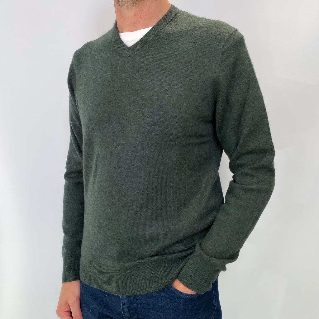 Forest Green Men's Cashmere V Neck Jumper Small