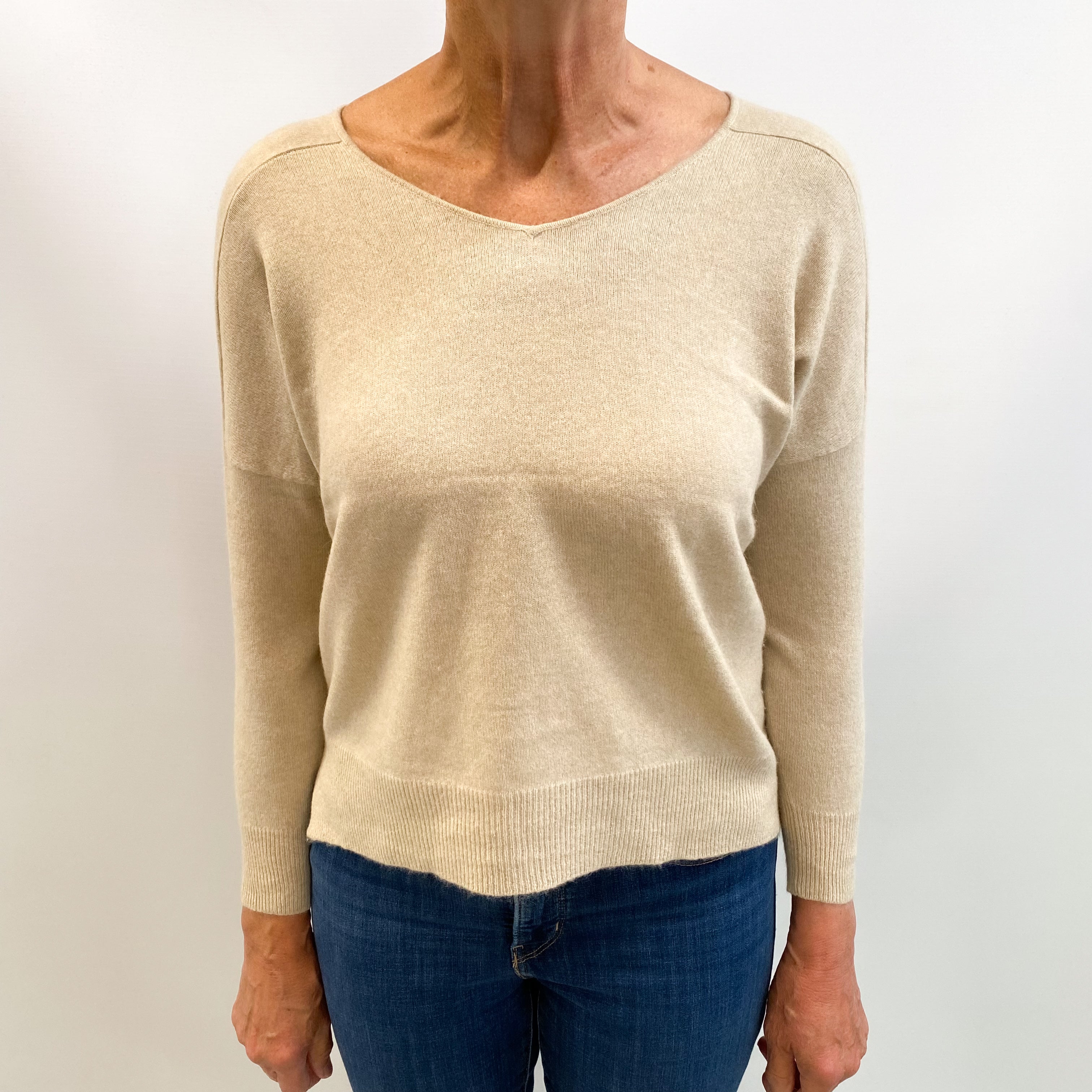 Oatmeal Beige Cashmere V Neck Jumper Medium