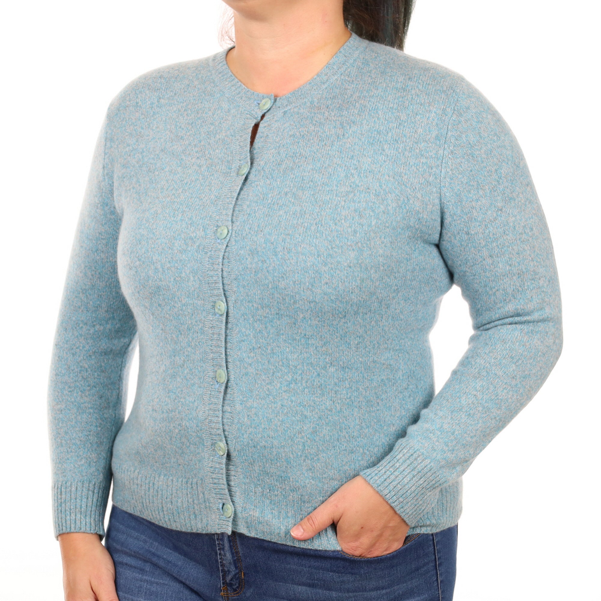 Aqua Grey Marl Cashmere Crew Neck Cardigan Large