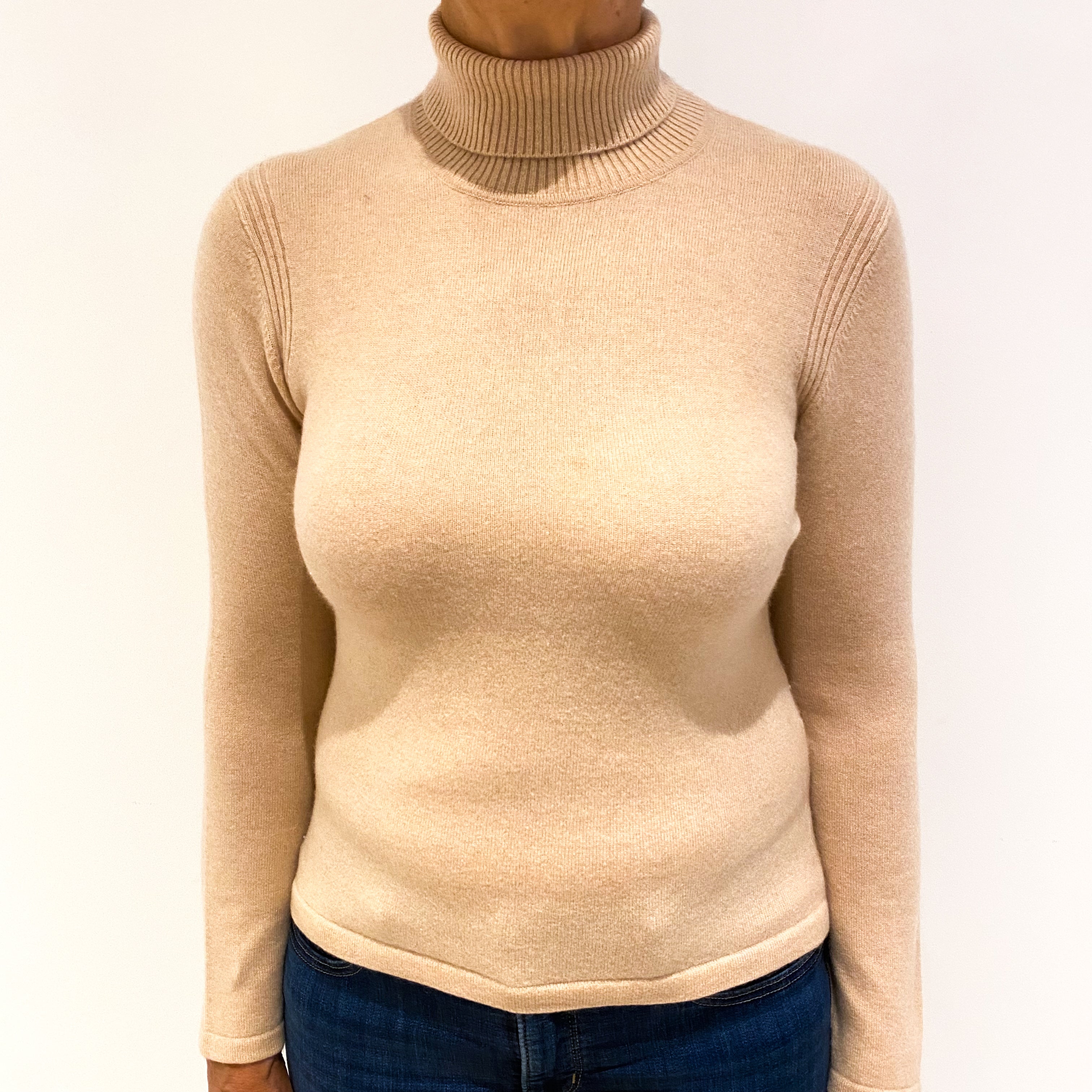 Sand Beige Cashmere Polo Neck Jumper Medium