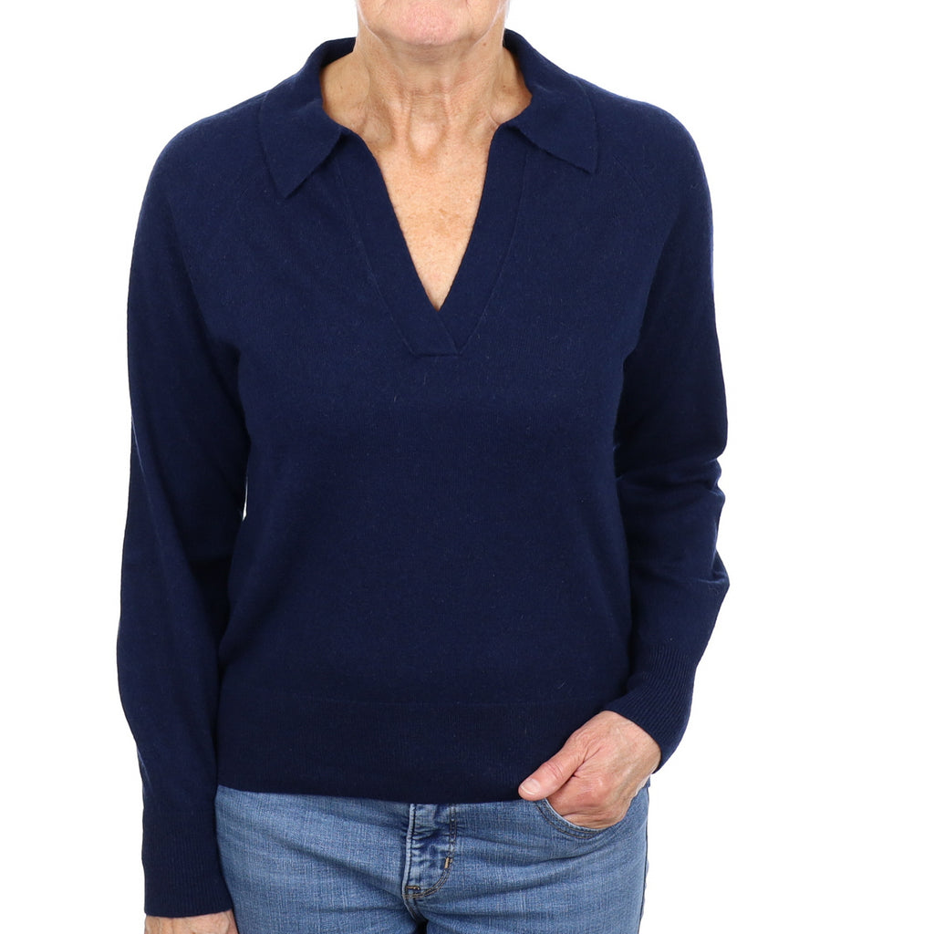 Navy Blue Cashmere Collared V Neck Jumper Medium