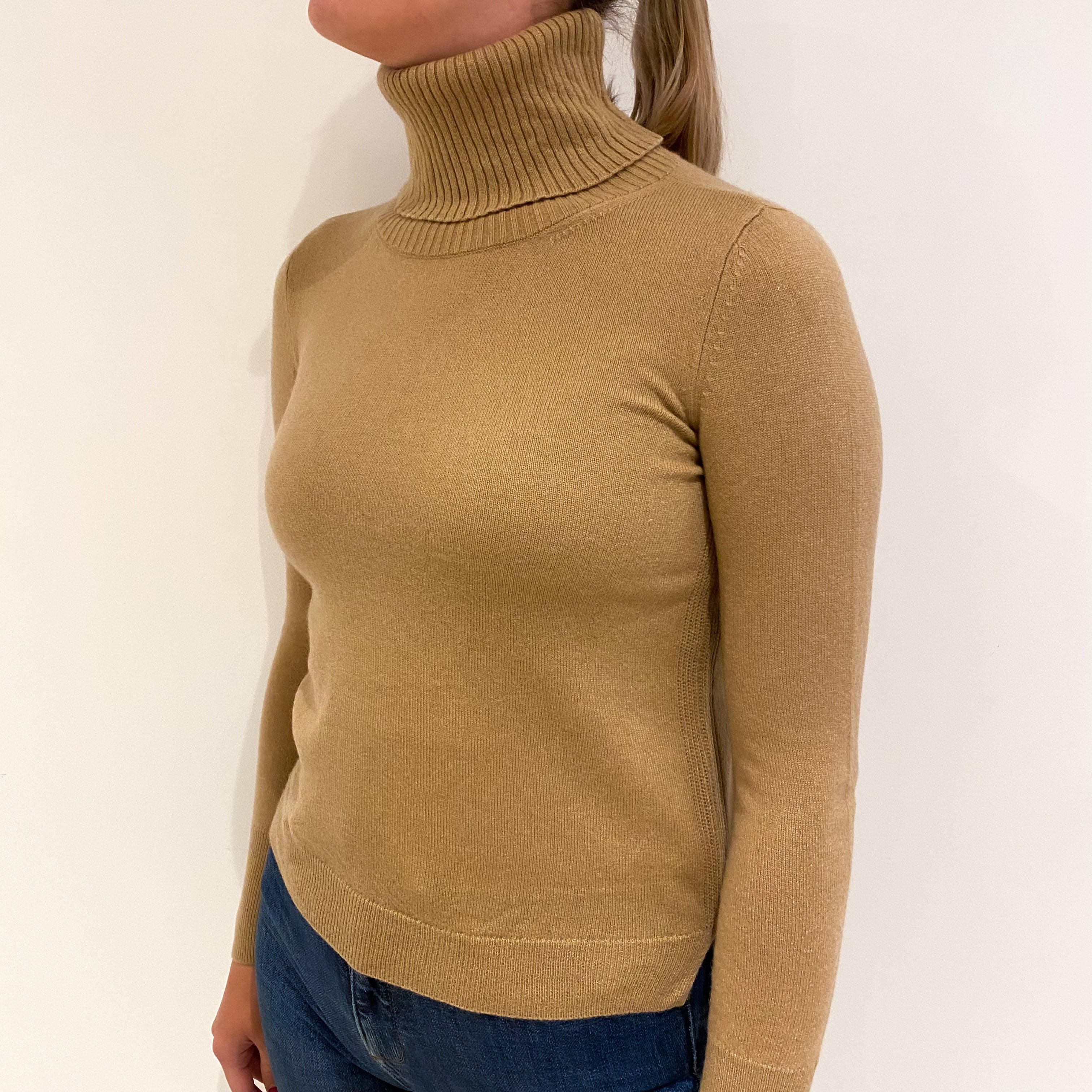 Camel Brown Rib Detail Cashmere Polo Neck Jumper Small