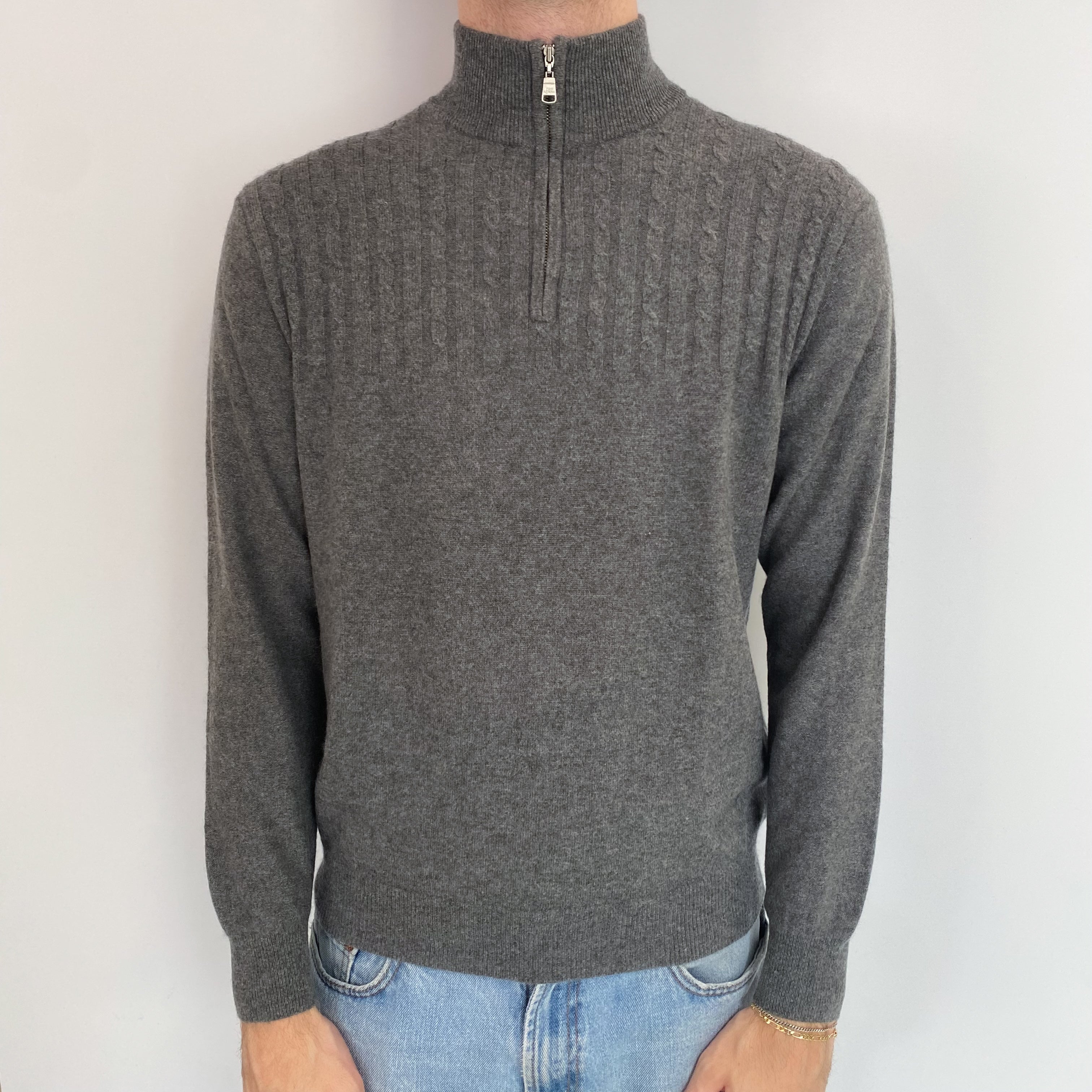 Men's Slate Grey Cashmere 1/4 Zip Jumper Medium
