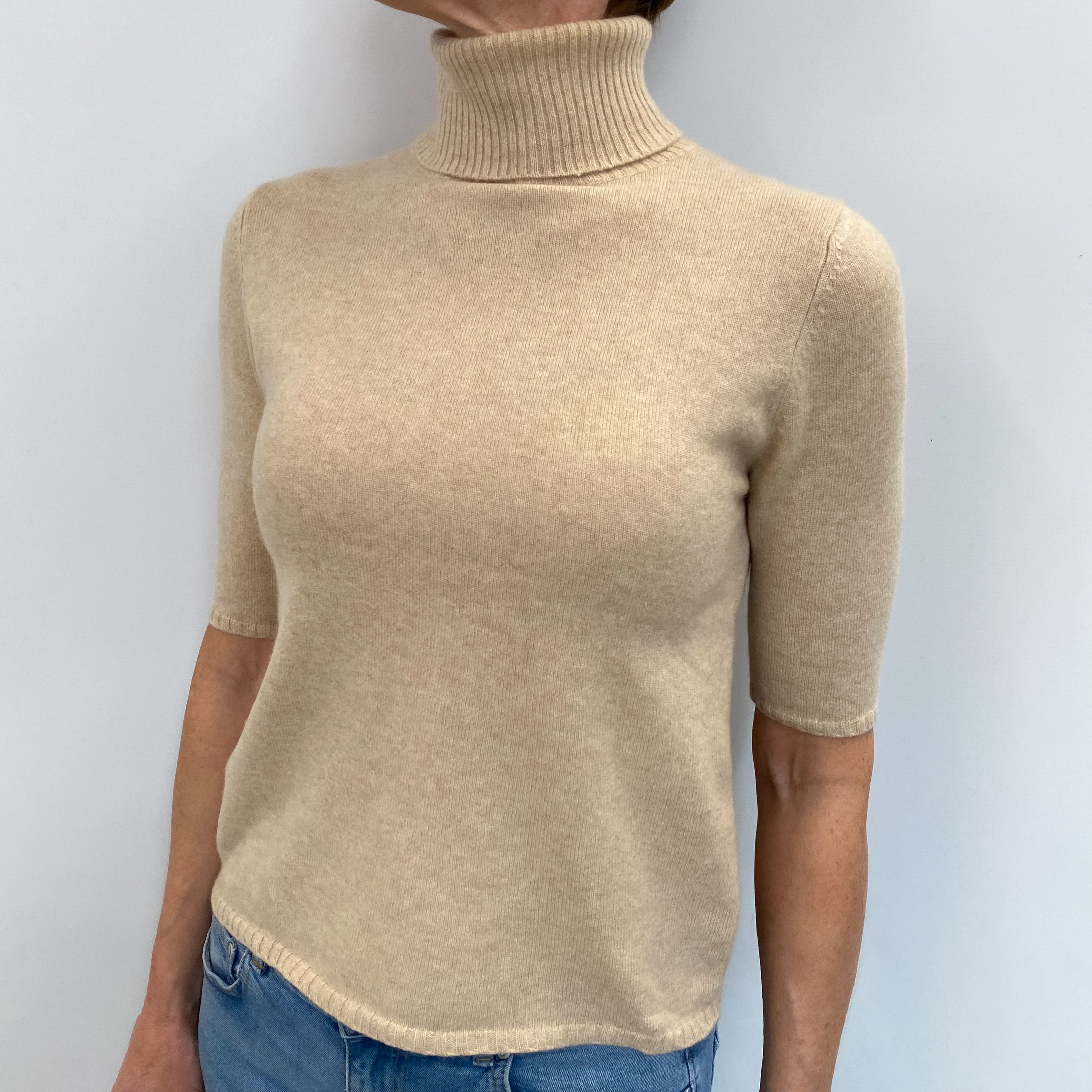 Oatmeal Cashmere Short Sleeved Polo Neck Jumper Small