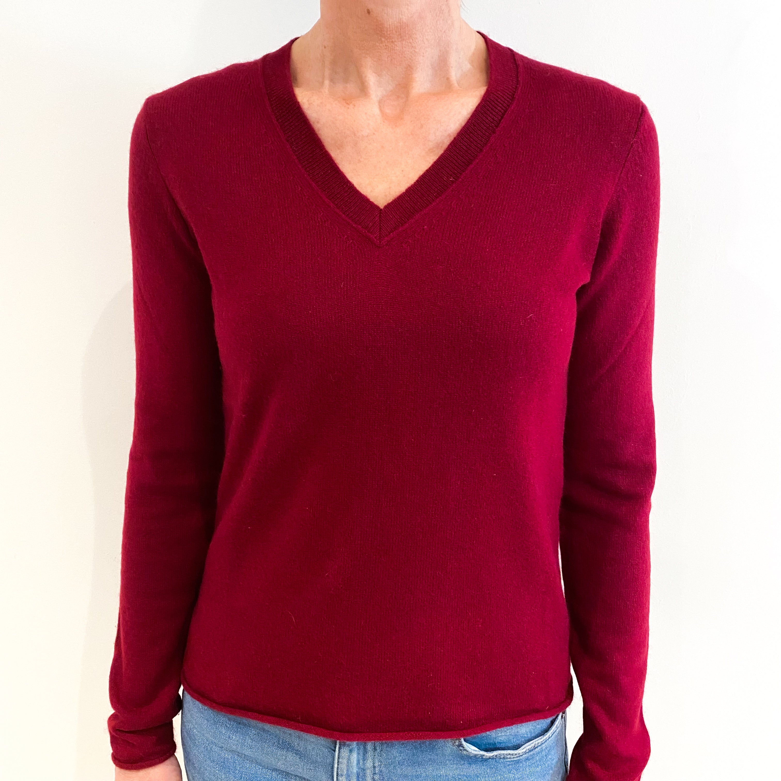 Crimson Red Cashmere V Neck Jumper Small