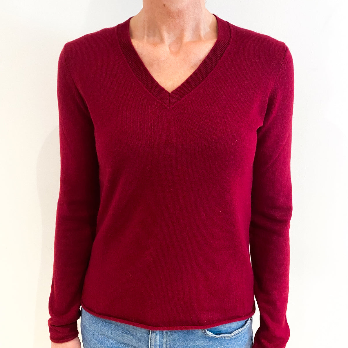 Crimson Red Cashmere V Neck Jumper Small