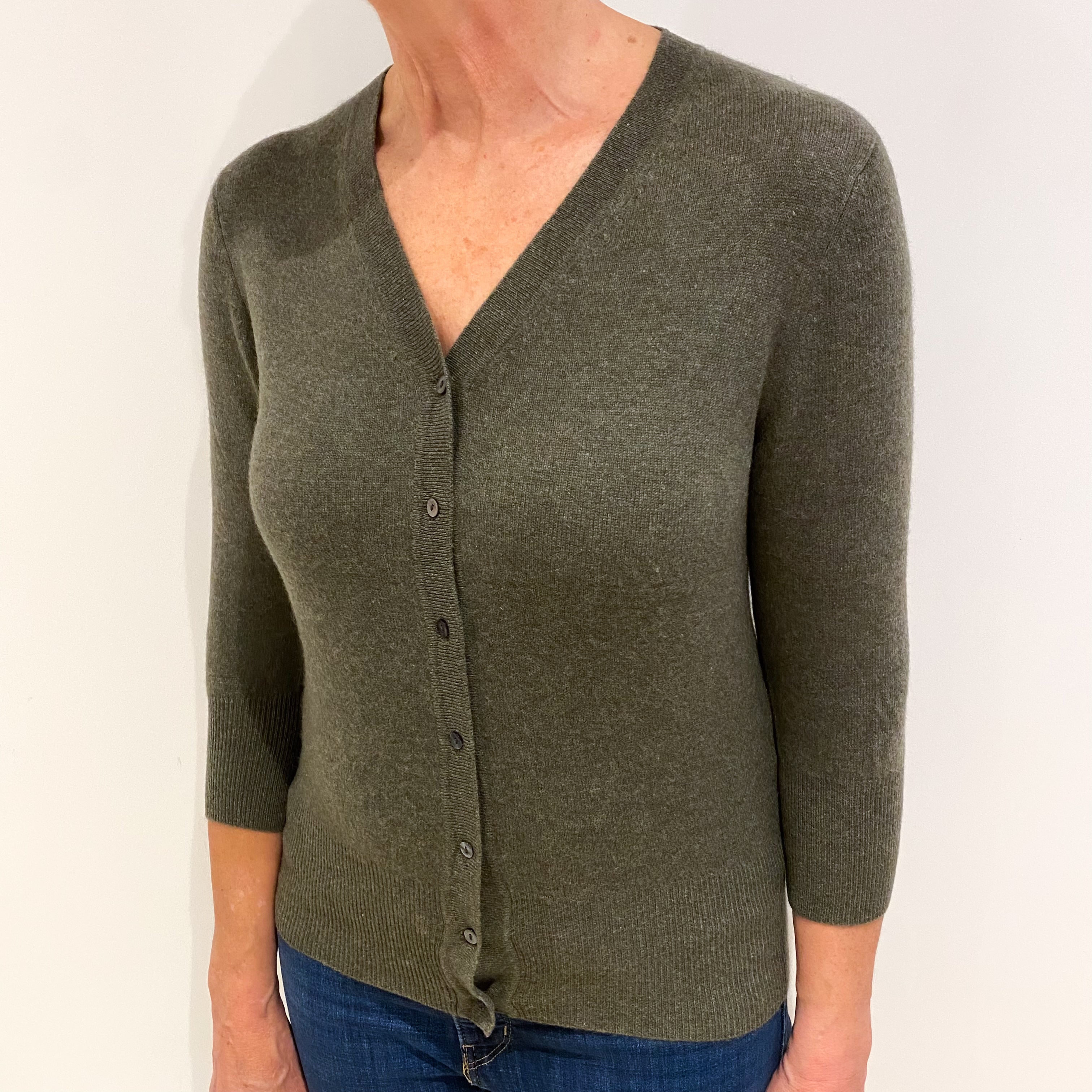 Khaki Green Cashmere V Neck Cardigan Medium