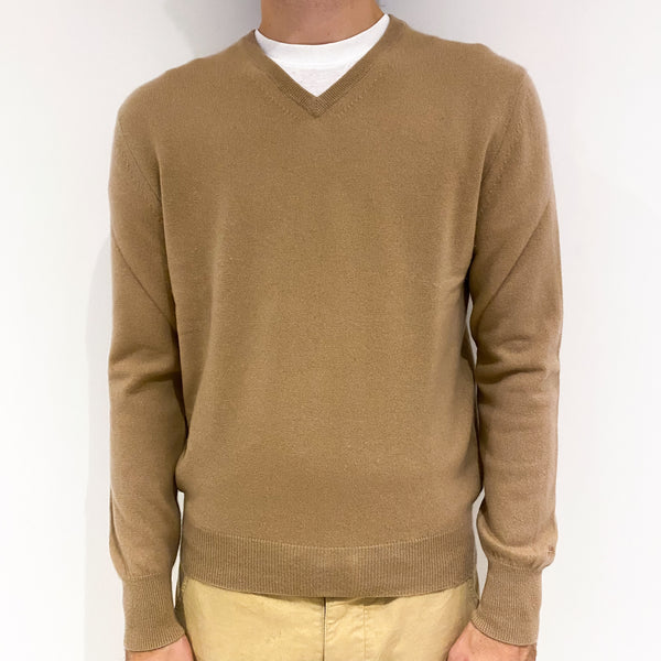 Men's Camel Brown Cashmere V-Neck Jumper Large