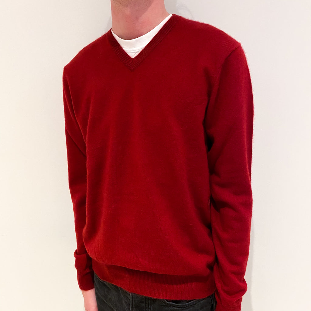 Men's Crimson Red Cashmere V-Neck Jumper Small