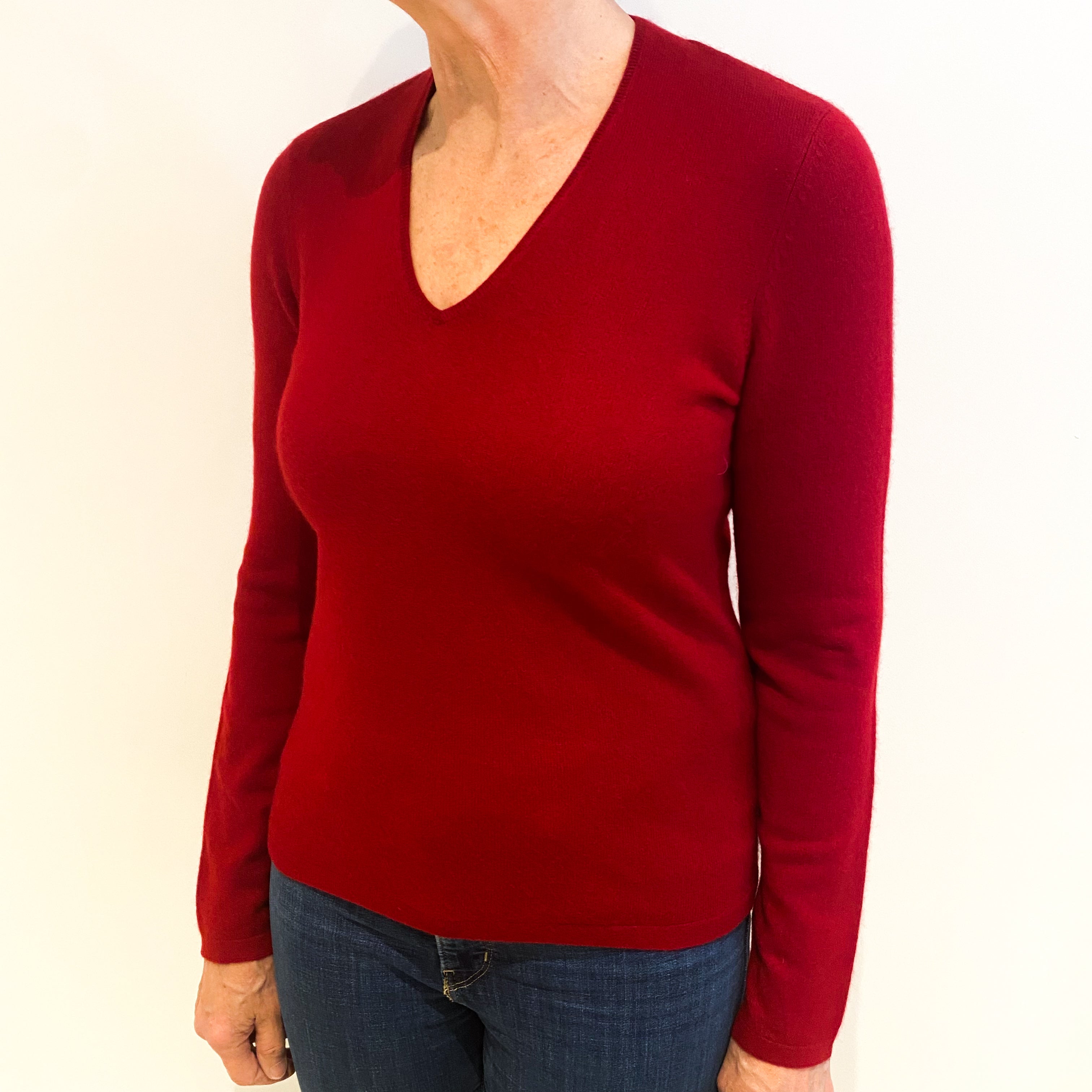 Post Box Red Cashmere V Neck Jumper Medium