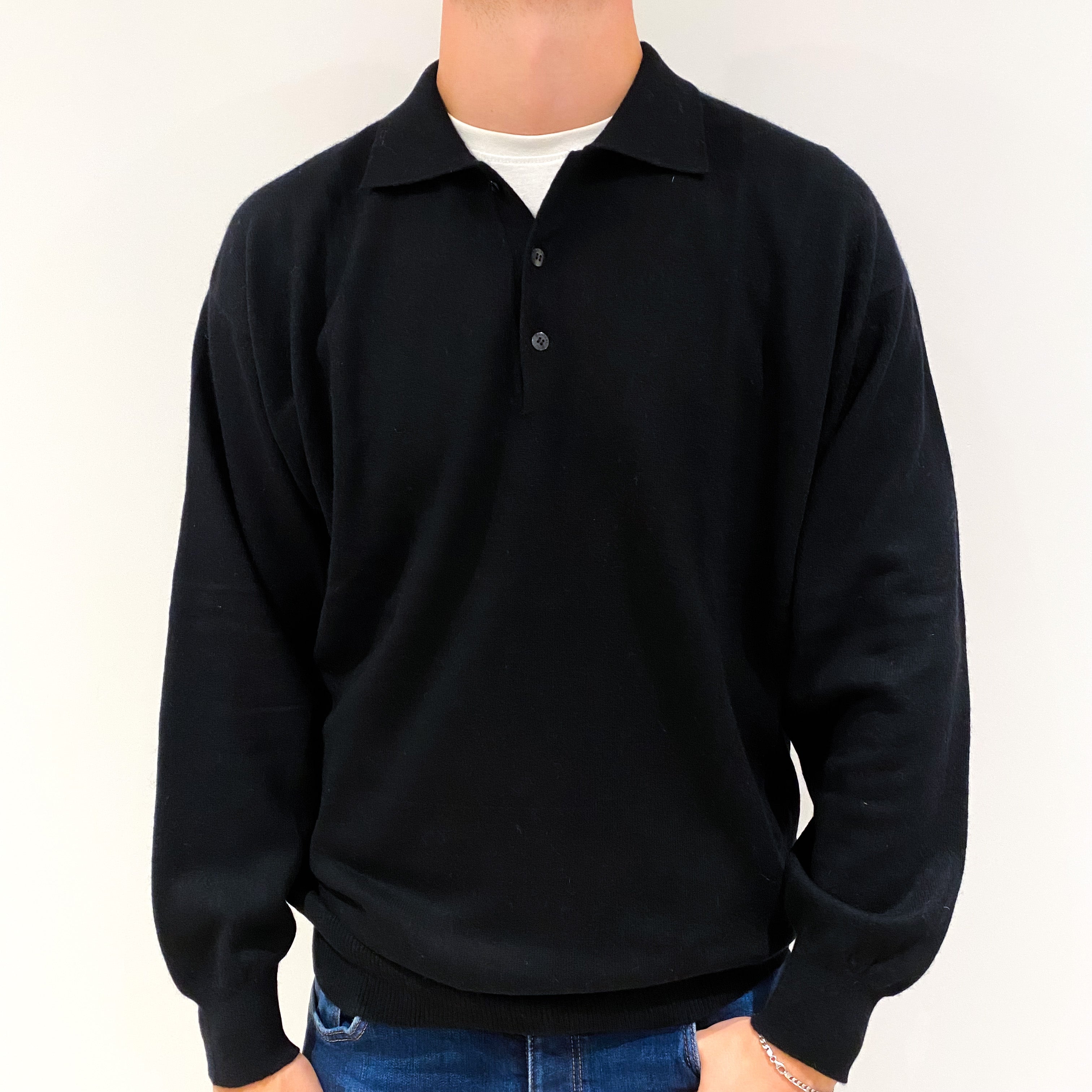 Men's Black Cashmere Collared 1/4 Button Jumper Extra Extra Large