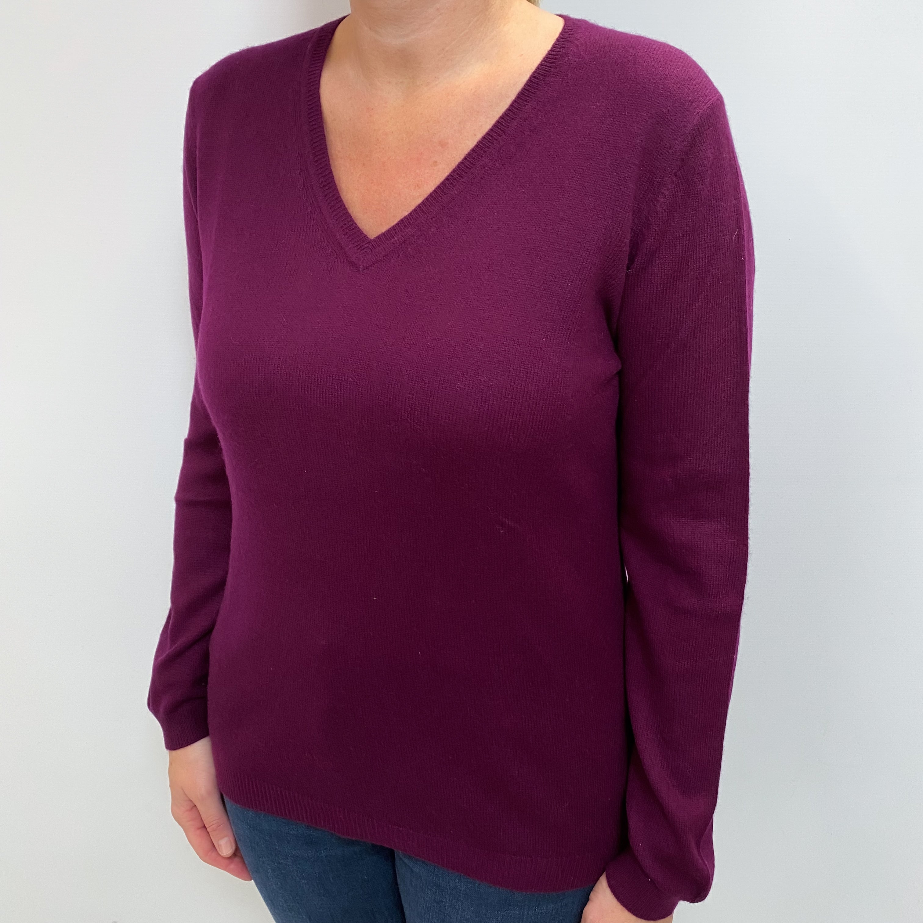 Aubergine Purple Cashmere V Neck Jumper Large