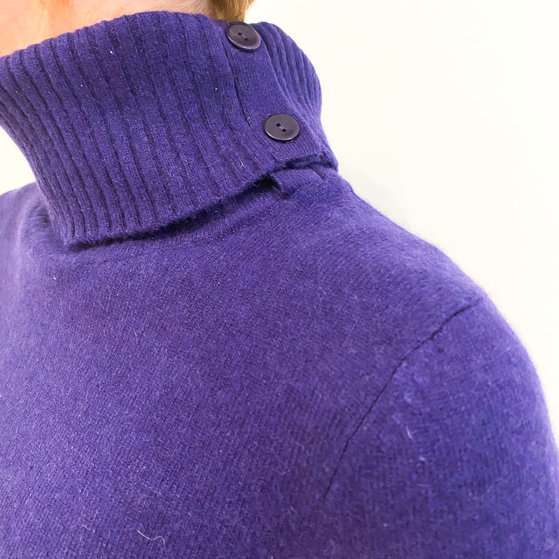 Deep Purple Cashmere Buttoned Polo Neck Jumper Small