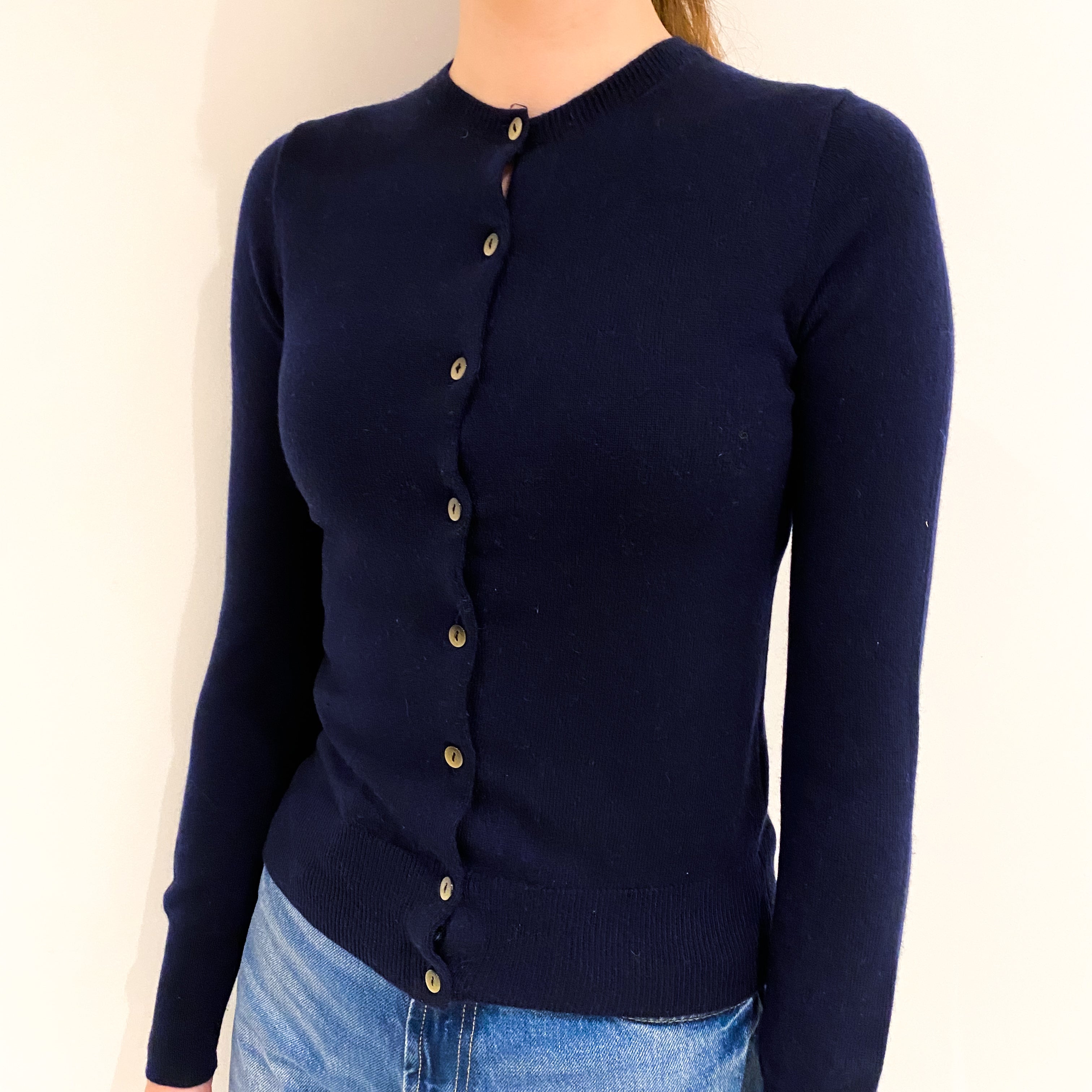 Navy Blue Cashmere Crew Neck Cardigan Extra Small