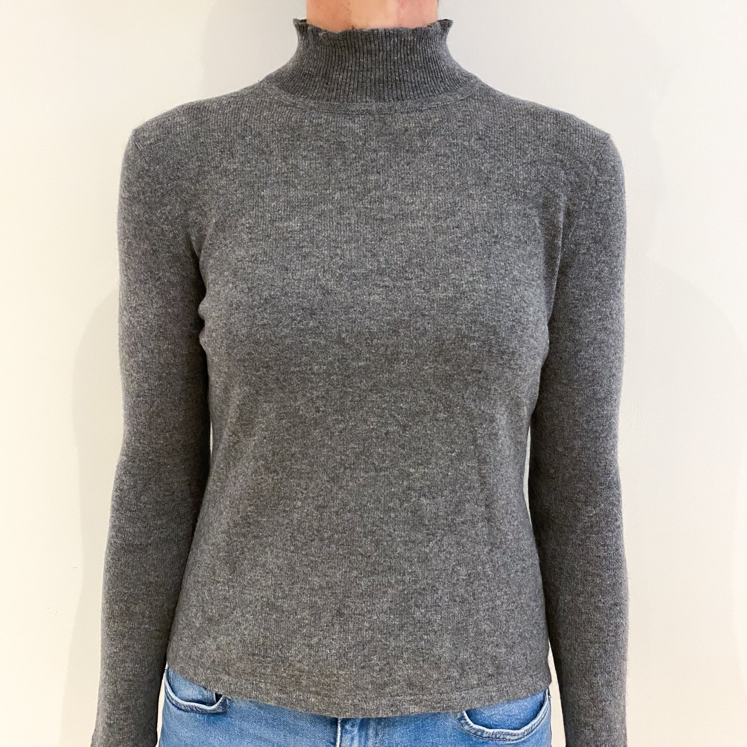 Slate Grey Cashmere Frill Detail Turtle Neck Jumper with Back Button Fastening Small