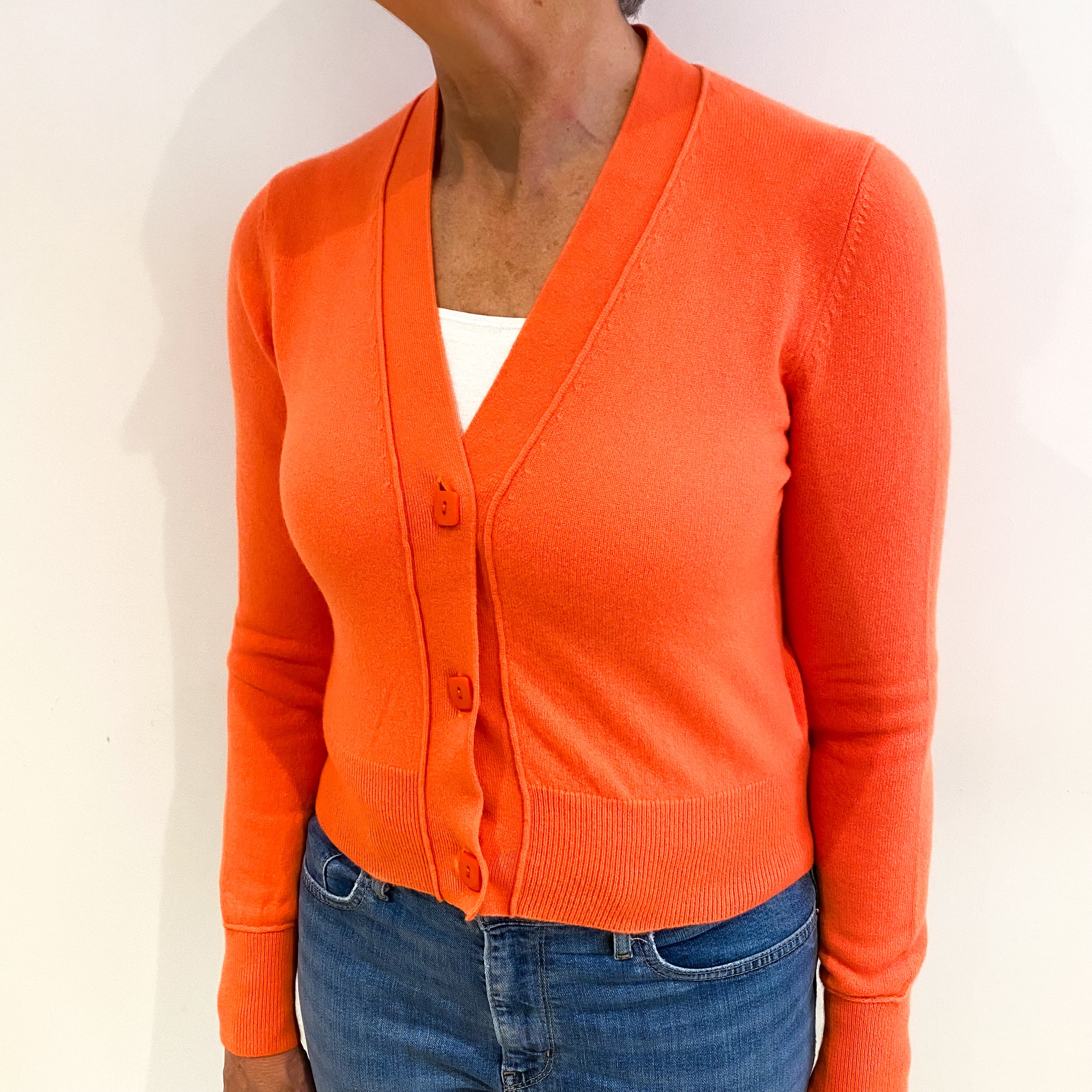 Neon Orange Cashmere V Neck Cardigan Medium