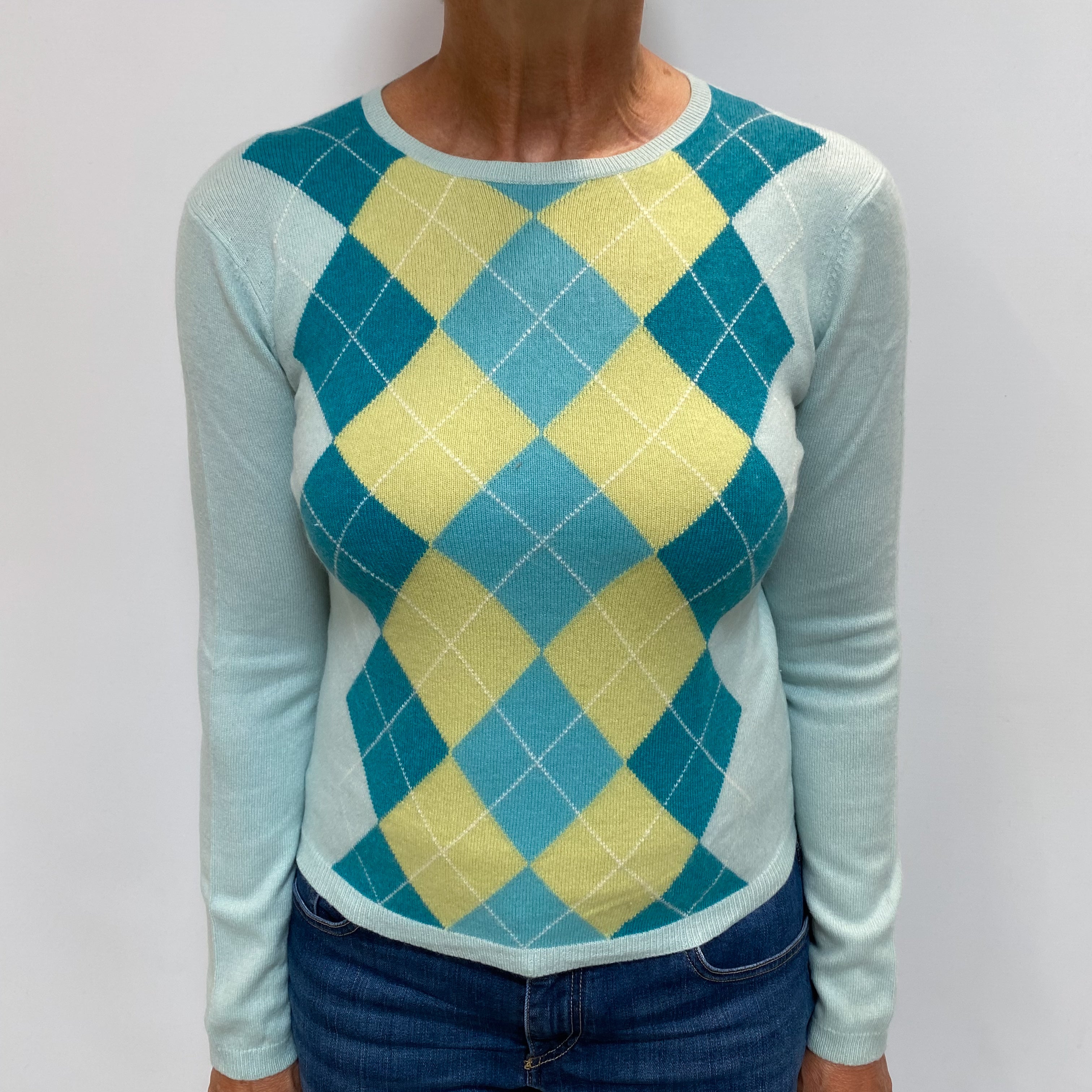 Mint Teal and Pistachio Cashmere Crew Neck Jumper Medium