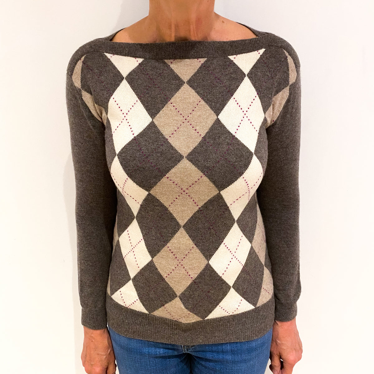 Mocha Brown Argyle Cashmere Boat Neck Jumper Medium
