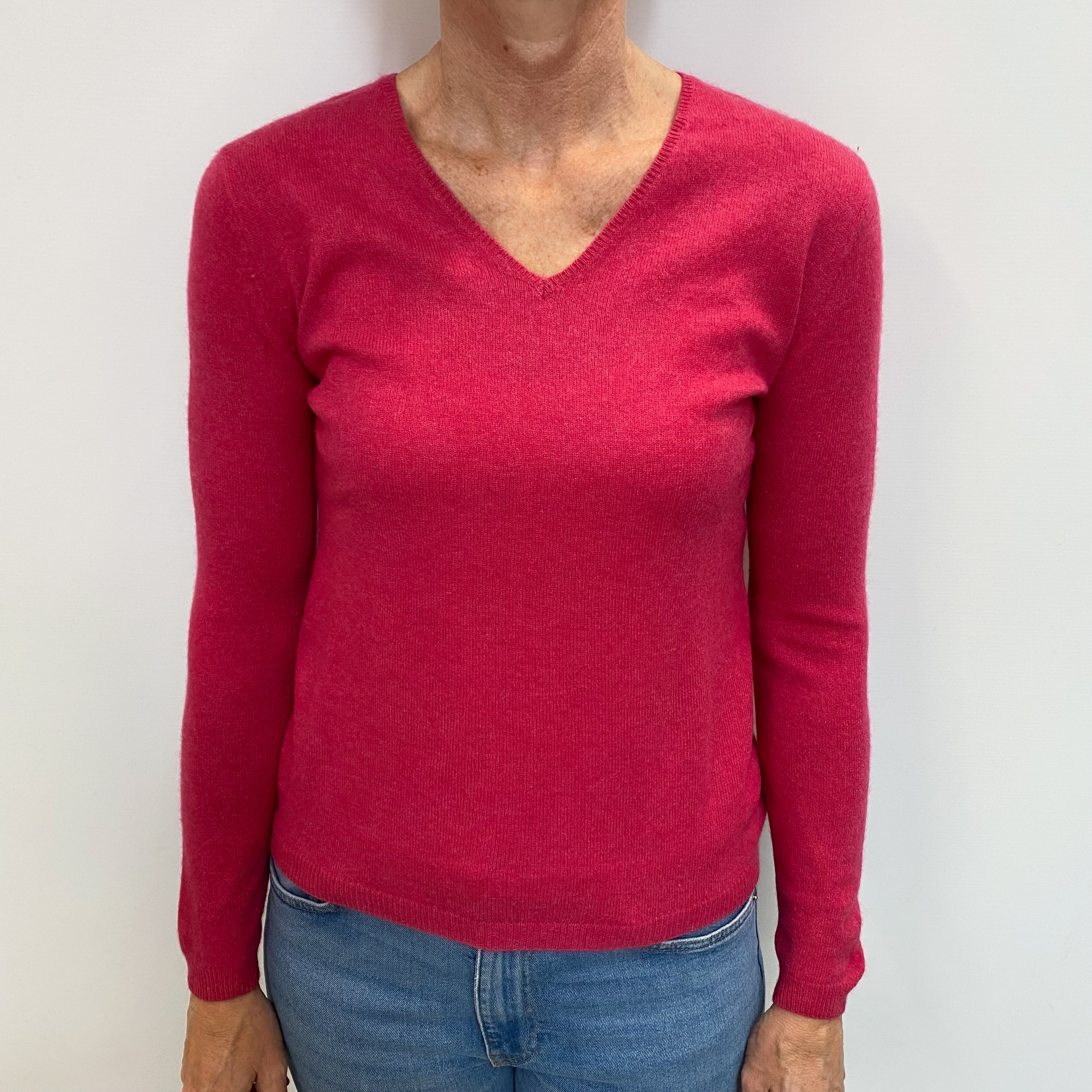 Raspberry Pink Cashmere V Neck Jumper Small