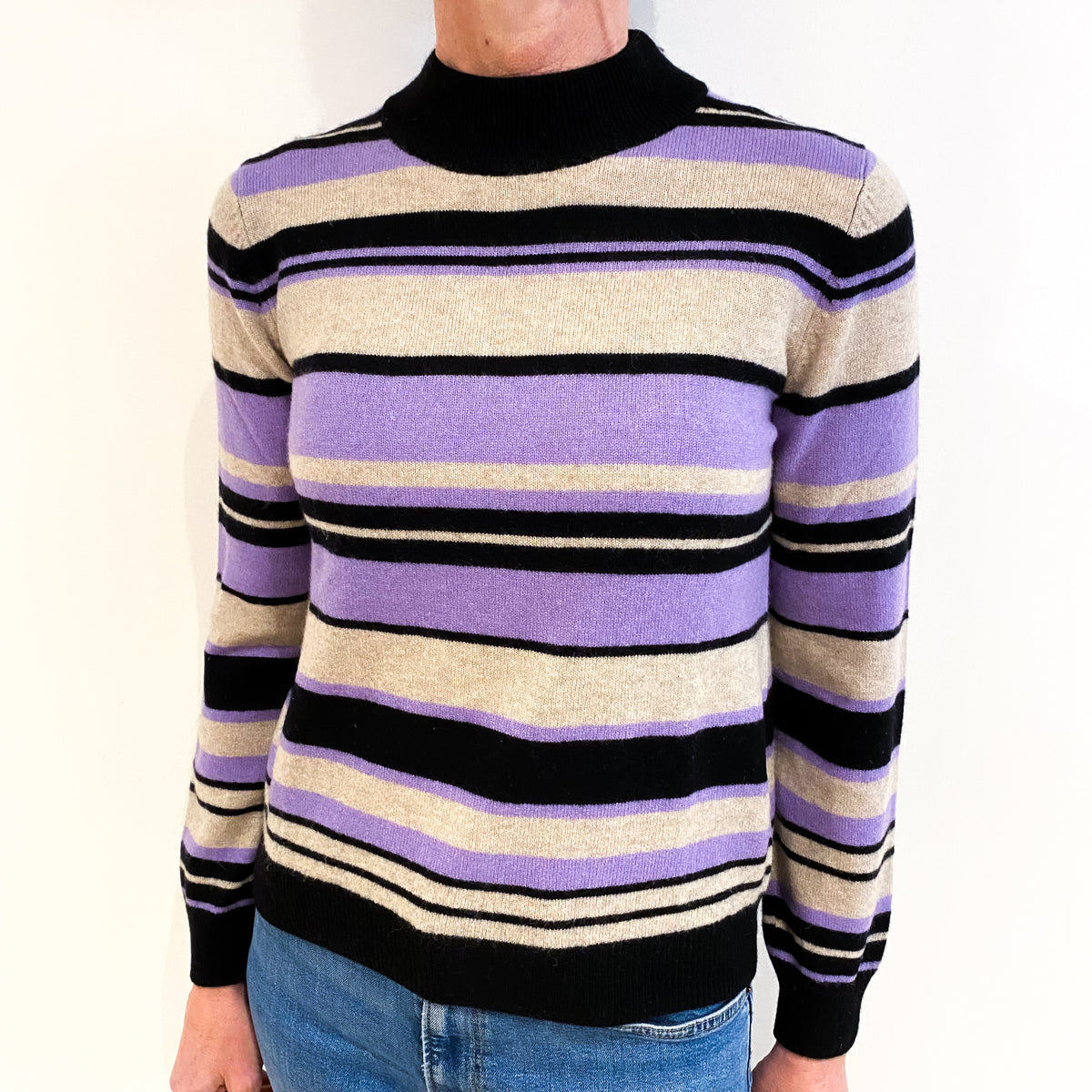 Black With Purple And Grey Stripe Cashmere Turtle Neck Jumper Small