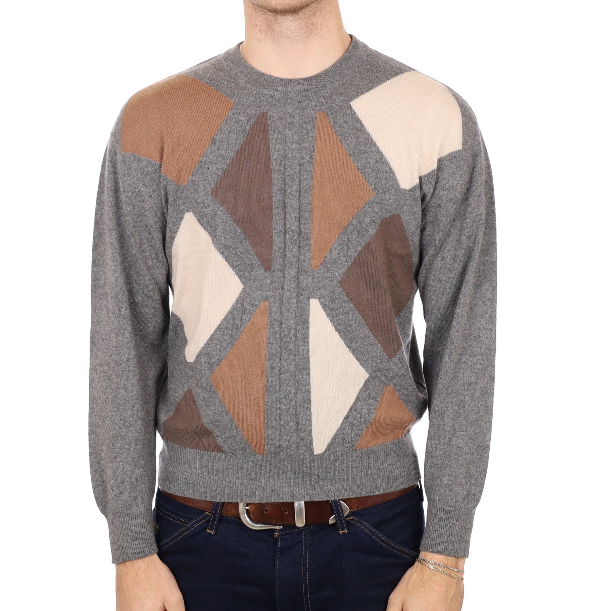 Men's Slate Grey Patterned Cashmere Crew Neck Jumper Medium