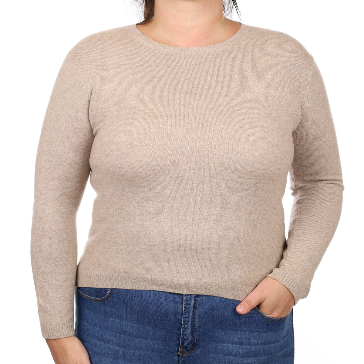 Fawn Beige Cashmere Crew Neck Jumper Large