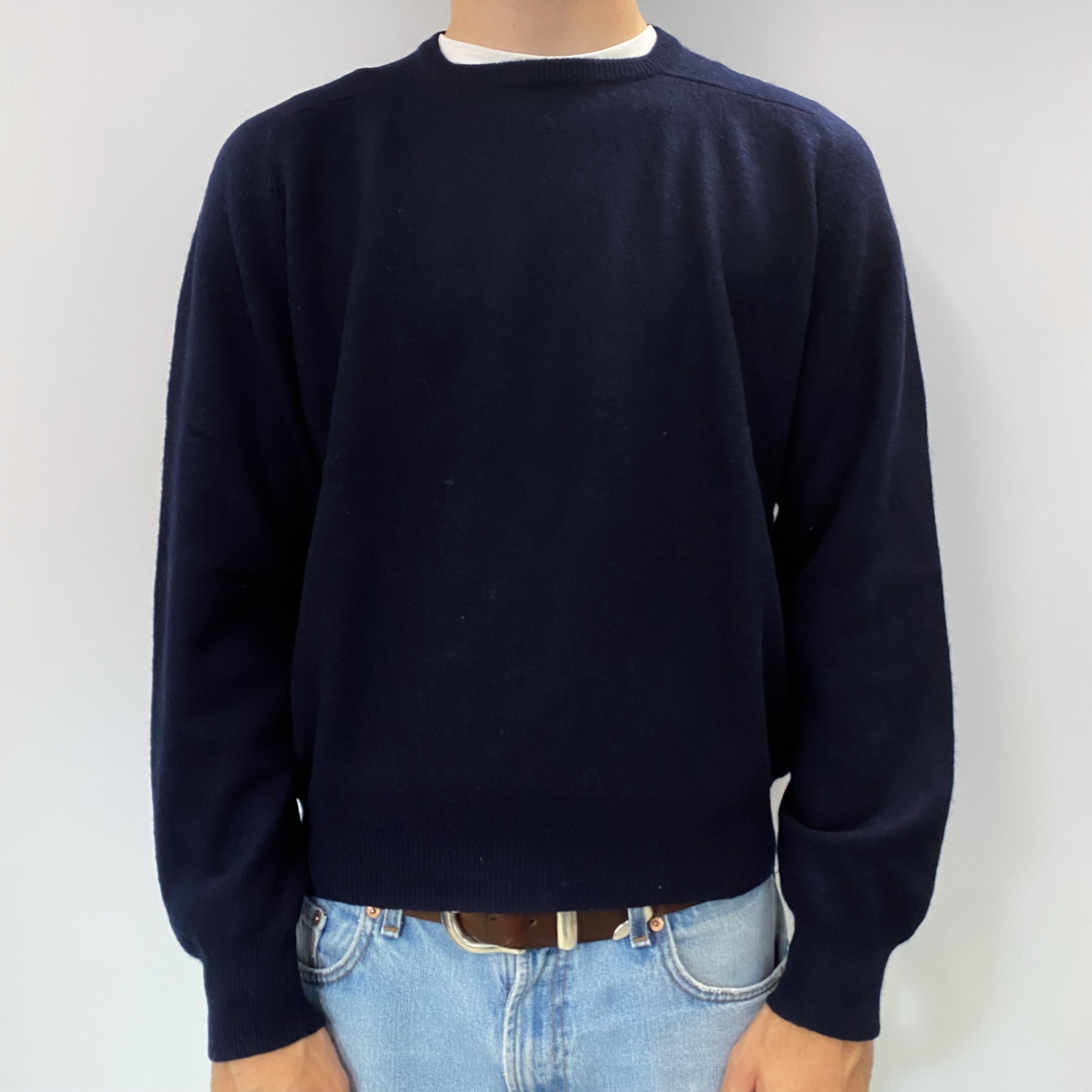 Men's Dark Navy Blue Cashmere Crew Neck Jumper Large