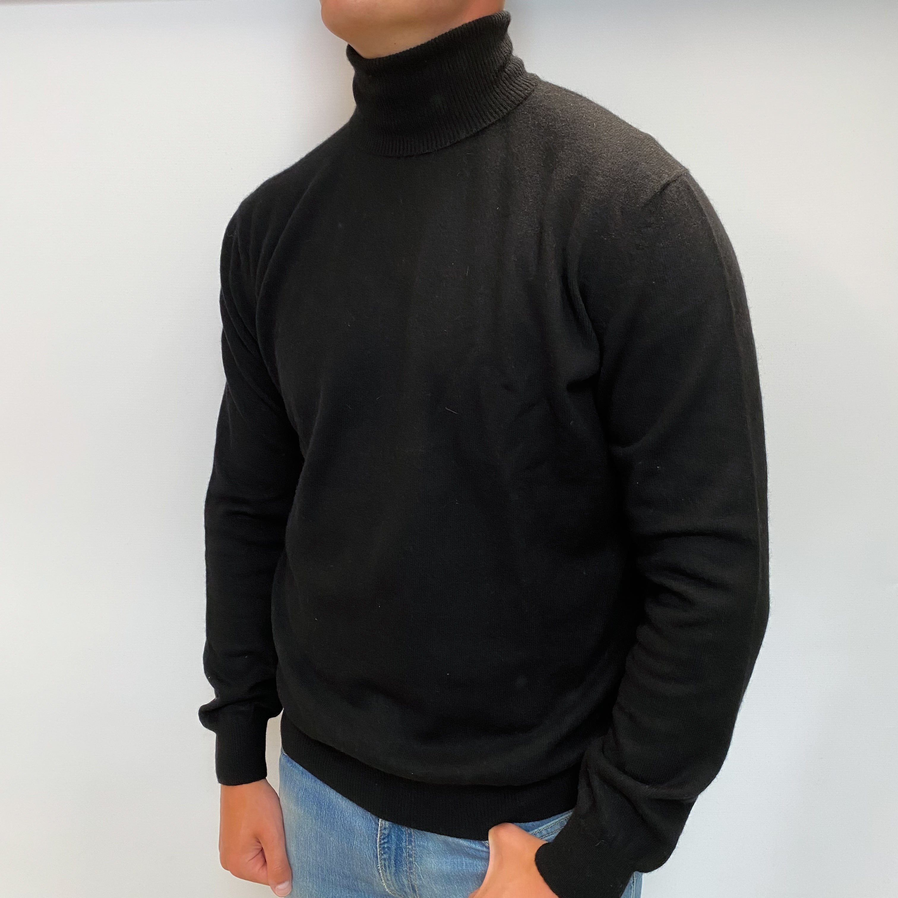 Men's Black Cashmere Polo Neck Jumper XL