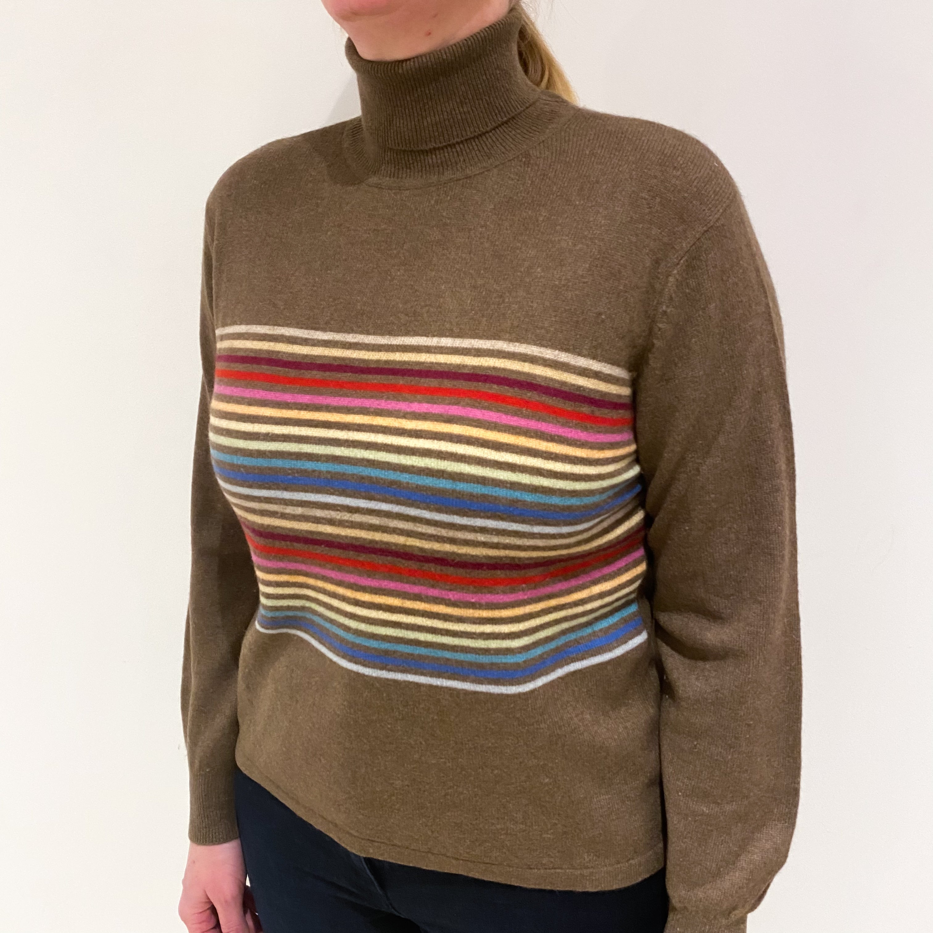 Donkey Brown Colourful Striped Cashmere Polo Neck Jumper Large