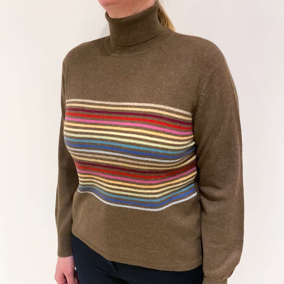 Donkey Brown Colourful Striped Cashmere Polo Neck Jumper Large