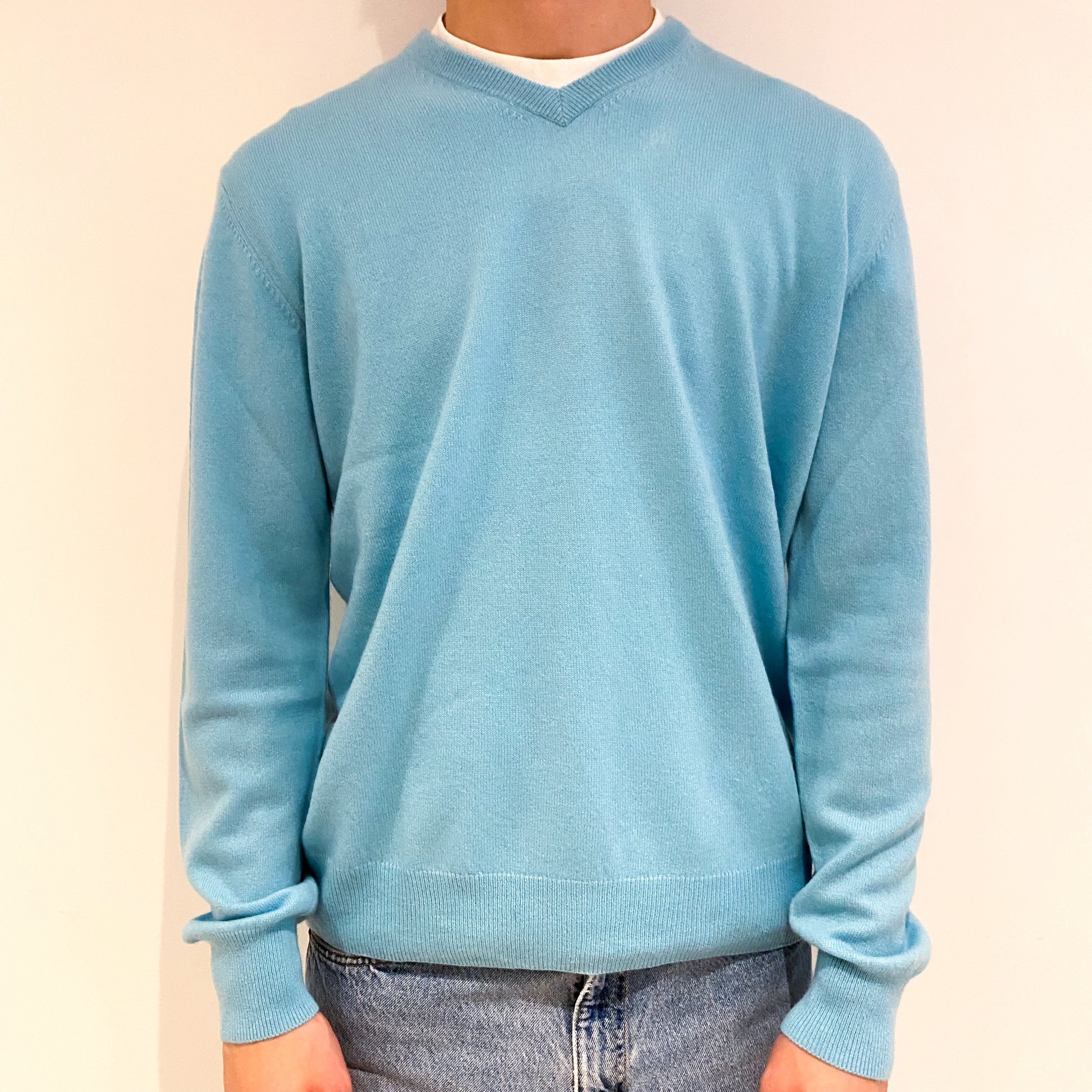 Men's Aqua Blue Cashmere V-Neck Jumper Large