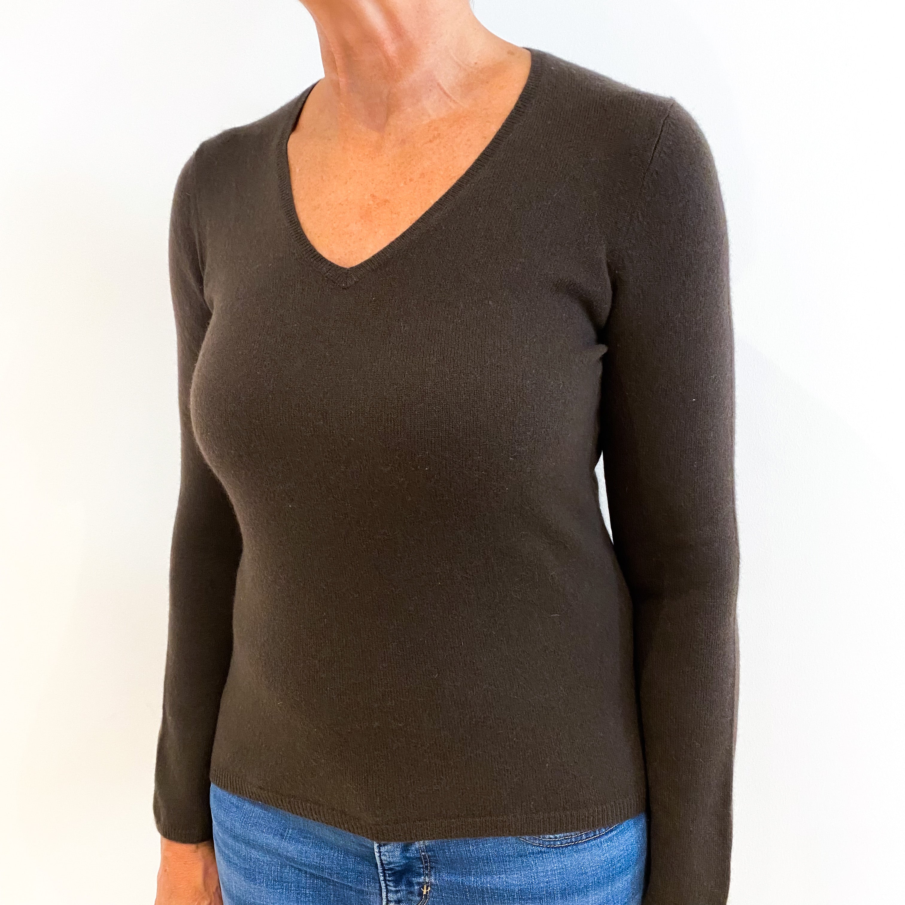 Chocolate Brown Cashmere V-Neck Jumper Medium