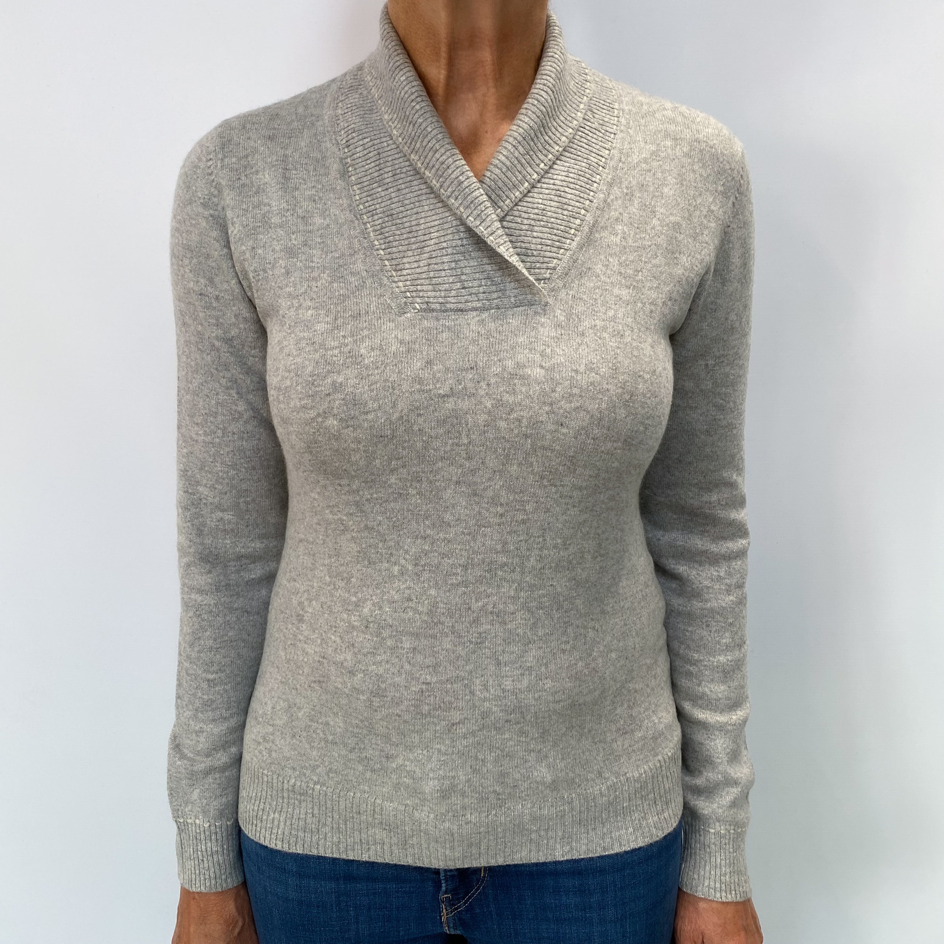 Smoke Grey Cashmere Collared V Neck Jumper Medium