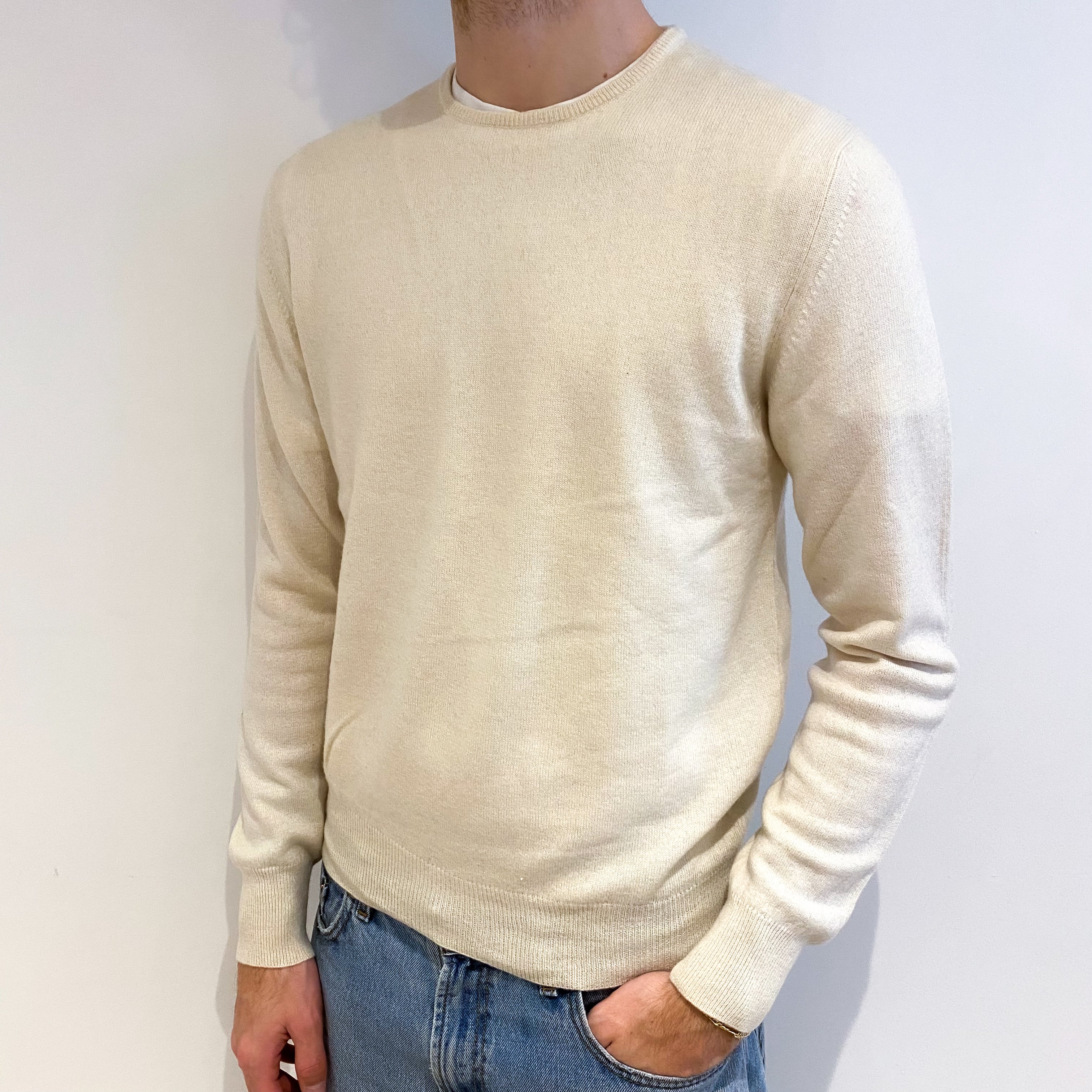 Men's Vanilla Cream Cashmere Crew Neck Jumper Medium