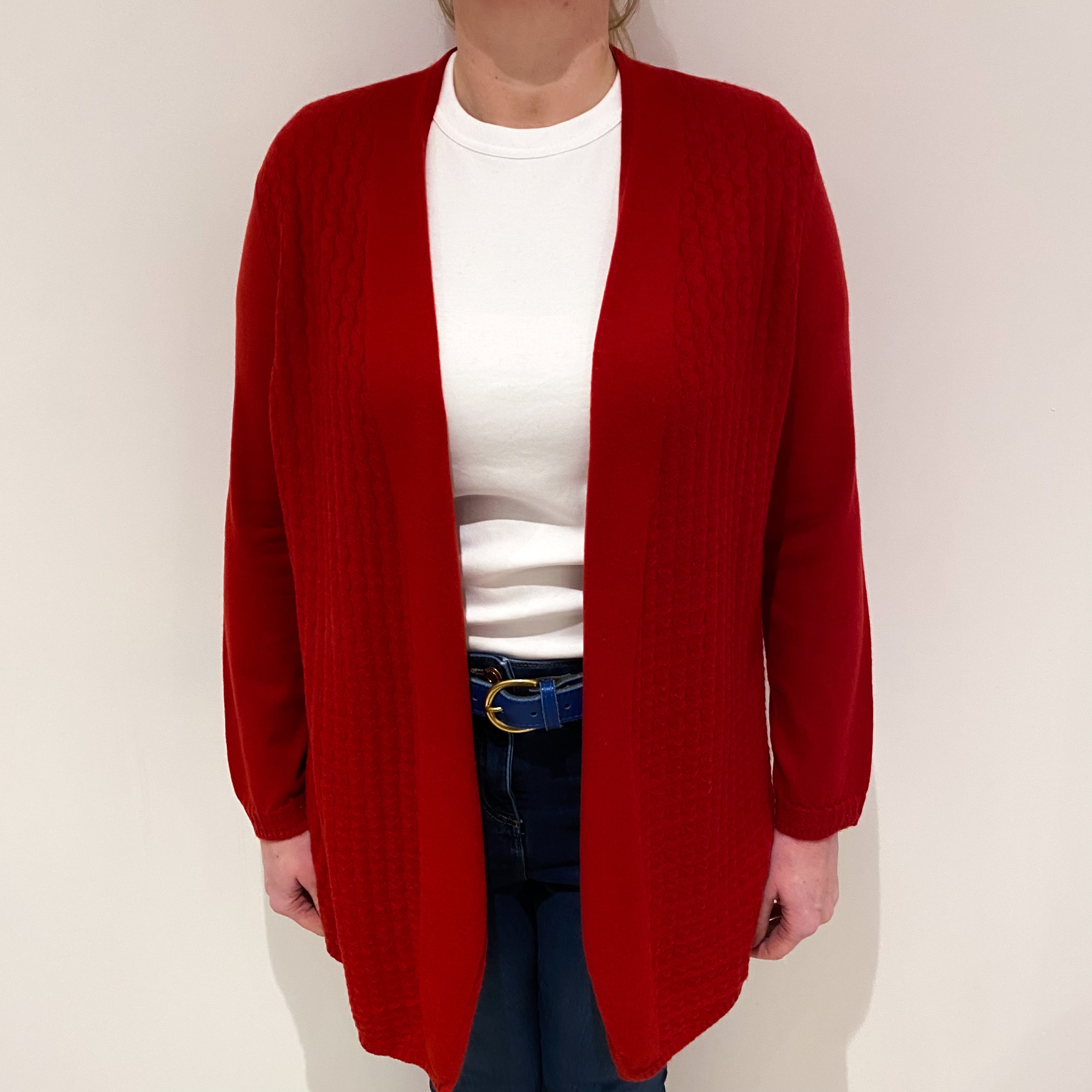 Ruby Red Textured Detail Cashmere Edge to Edge Cardigan Large
