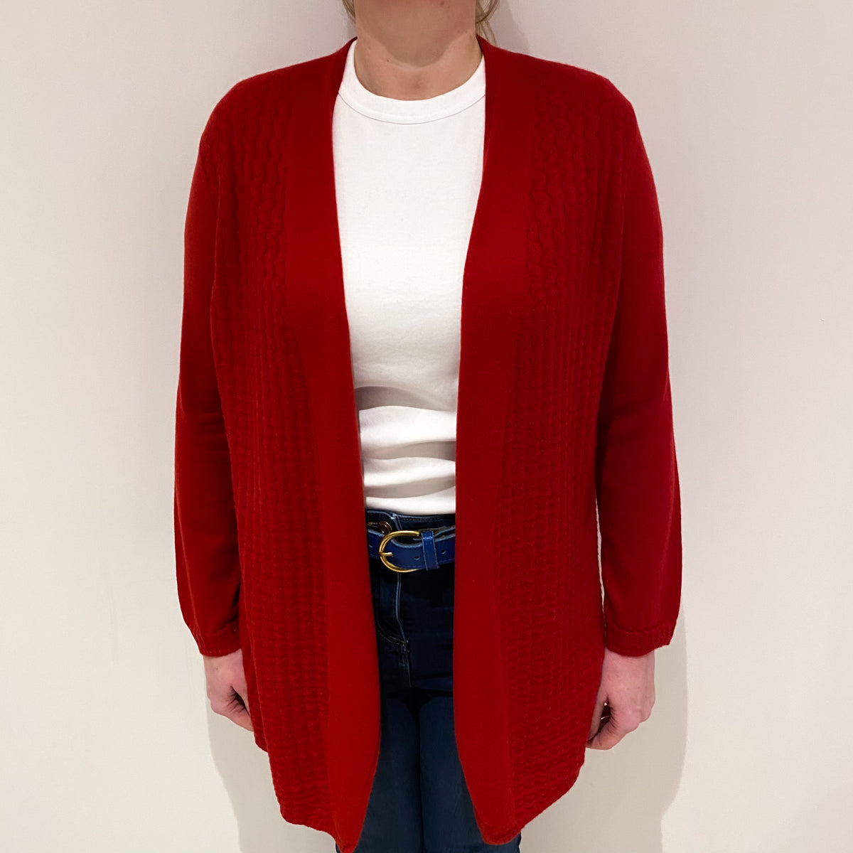 Ruby Red Textured Detail Cashmere Edge to Edge Cardigan Large