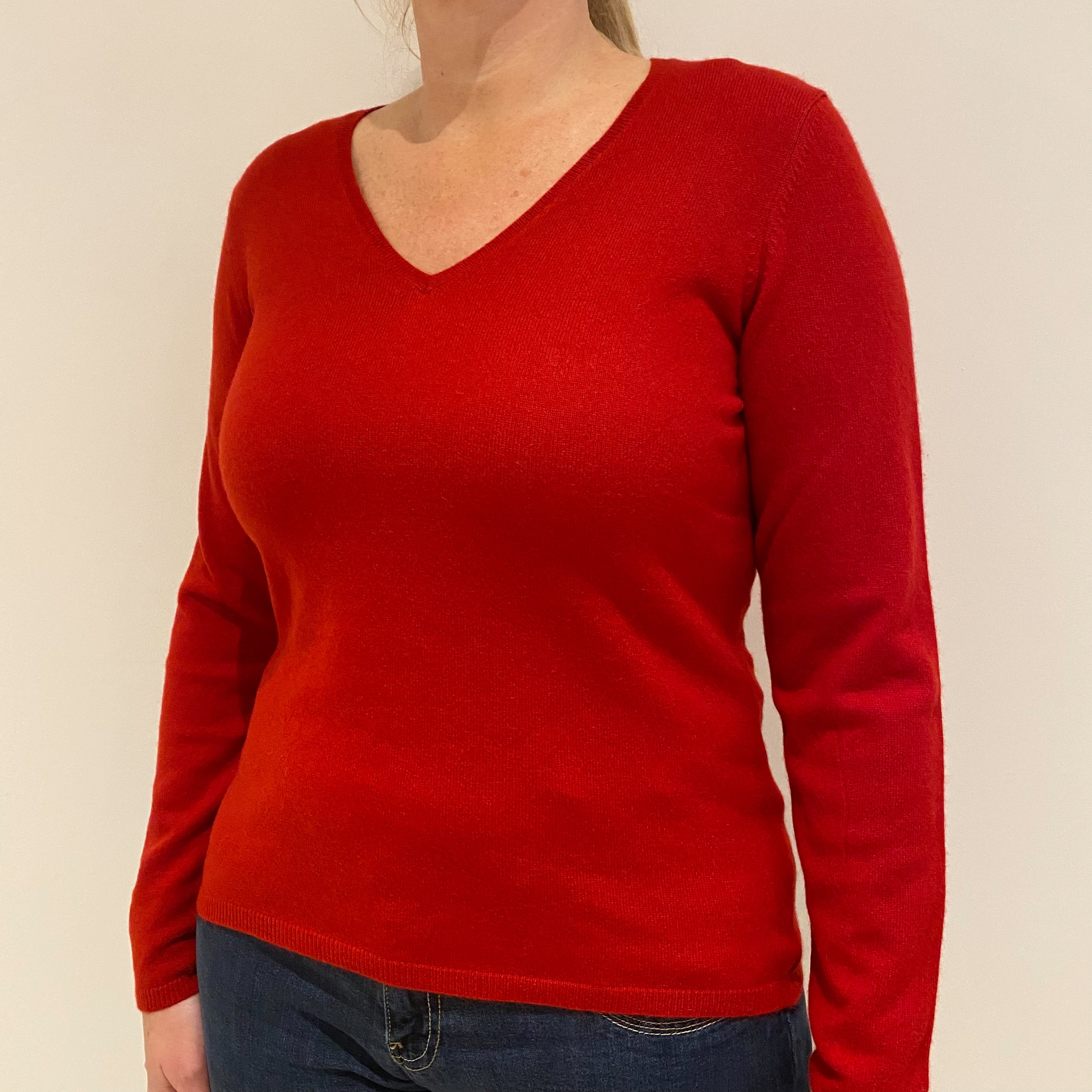 Post Box Red Cashmere V-Neck Jumper Large